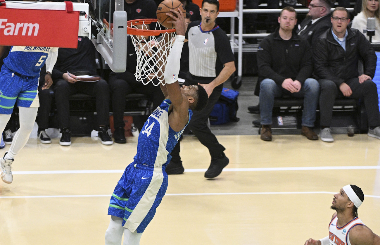 Dec 5, 2023; Milwaukee, Wisconsin, USA; Milwaukee Bucks forward Giannis Antetokounmpo (34) dunks the ball against New York Knicks in the second half at Fiserv Forum. Mandatory Credit: Michael McLoone-USA TODAY Sports