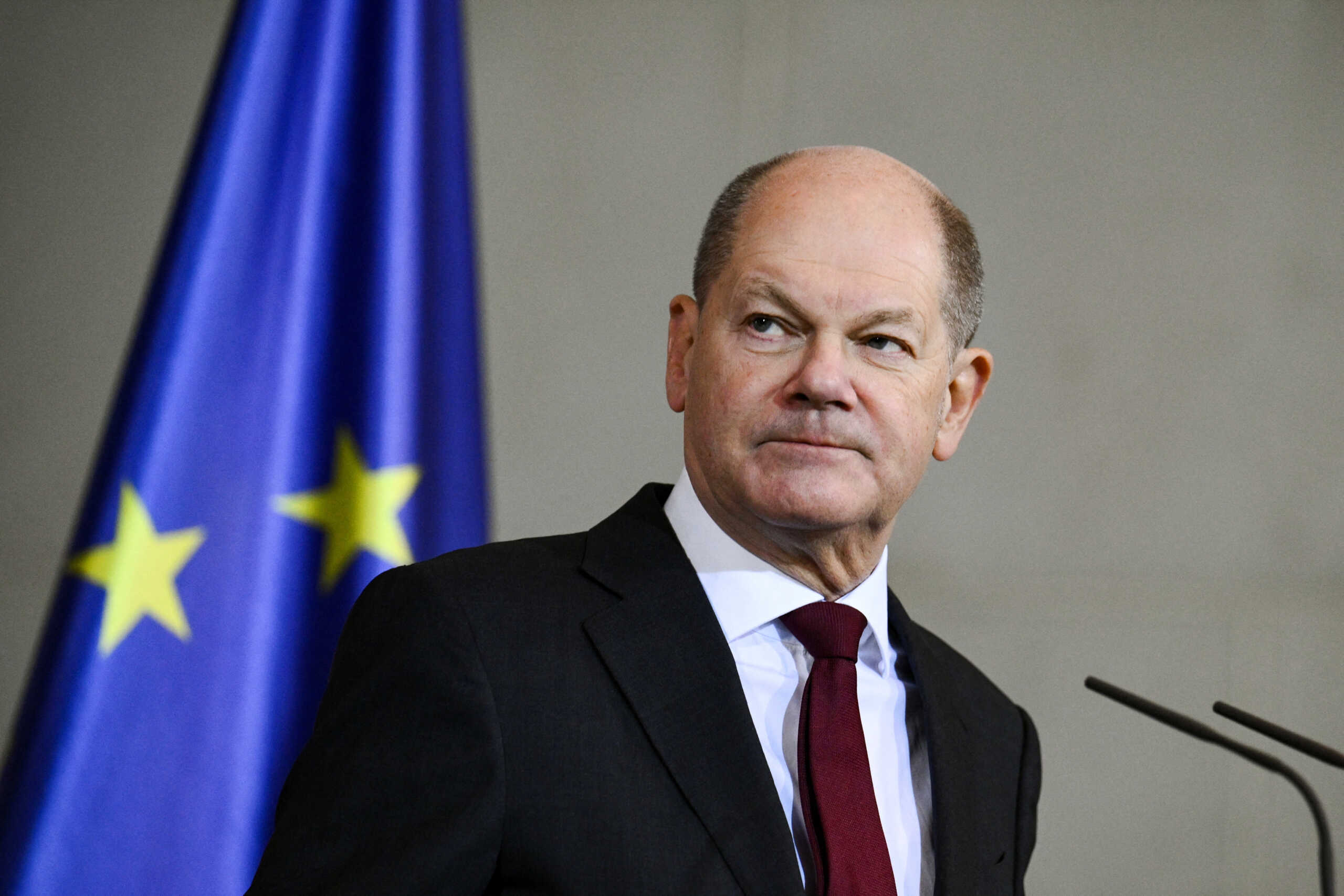 German Chancellor Olaf Scholz looks on during a press conference at the Chancellery in Berlin, Germany December 11, 2023. REUTERS
