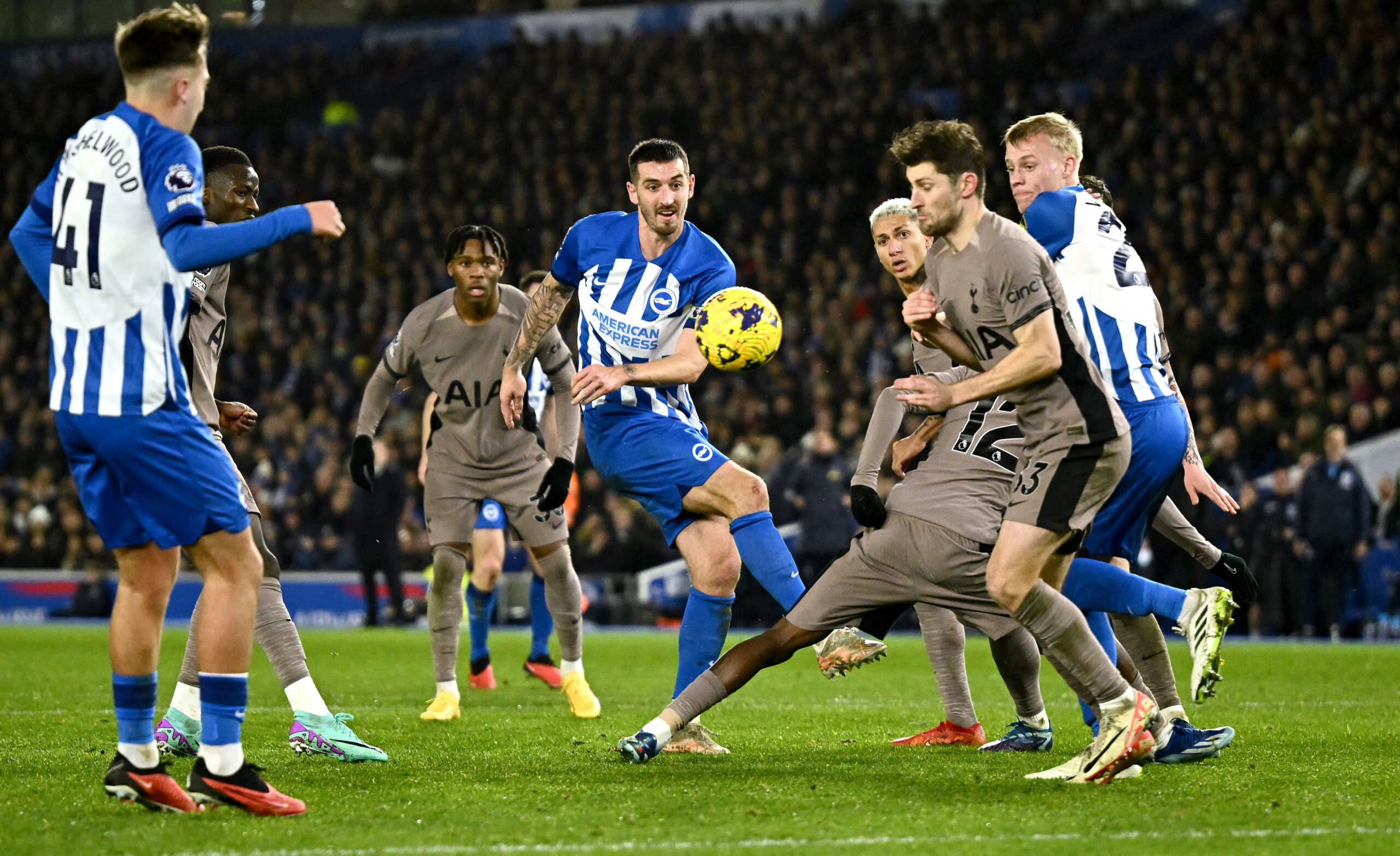 Soccer Football - Premier League - Brighton & Hove Albion v Tottenham Hotspur - The American Express Community Stadium, Brighton, Britain - December 28, 2023 Brighton & Hove Albion's Facundo Buonanotte shoots at goal REUTERS
