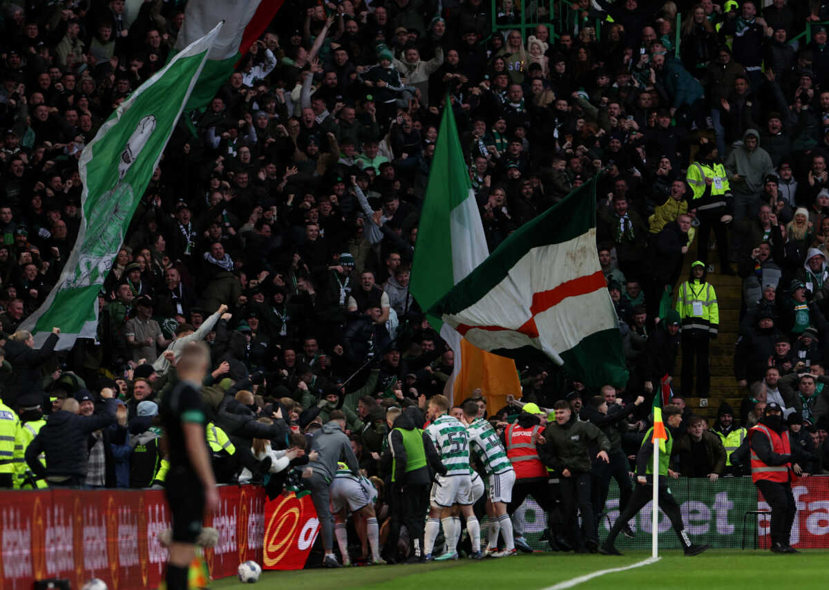 Soccer Football - Scottish Premiership - Celtic v Rangers - Celtic Park, Glasgow, Scotland, Britain - December 30, 2023 Celtic's Paulo Bernardo celebrates scoring their first goal with teammates REUTERS