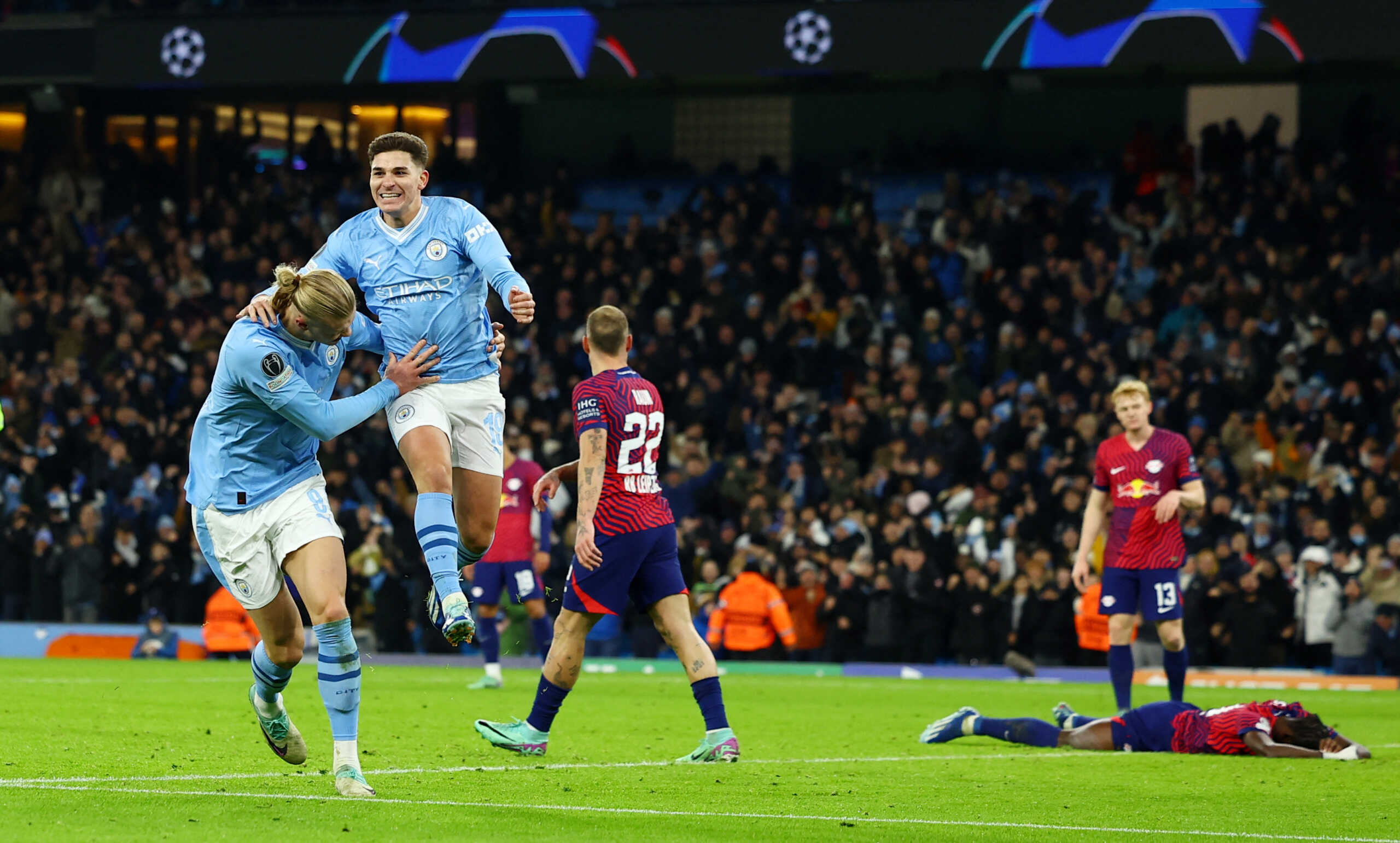 Soccer Football - Champions League - Group G - Manchester City v RB Leipzig - Etihad Stadium, Manchester, Britain - November 28, 2023 Manchester City's Julian Alvarez celebrates scoring their third goal with Erling Braut Haaland REUTERS