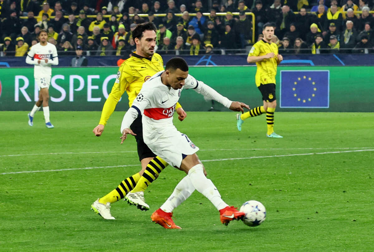 Soccer Football - Champions League - Group F - Borussia Dortmund v Paris St Germain - Signal Iduna Park, Dortmund, Germany - December 13, 2023 Paris St Germain's Kylian Mbappe scores a goal before it was disallowed REUTERS