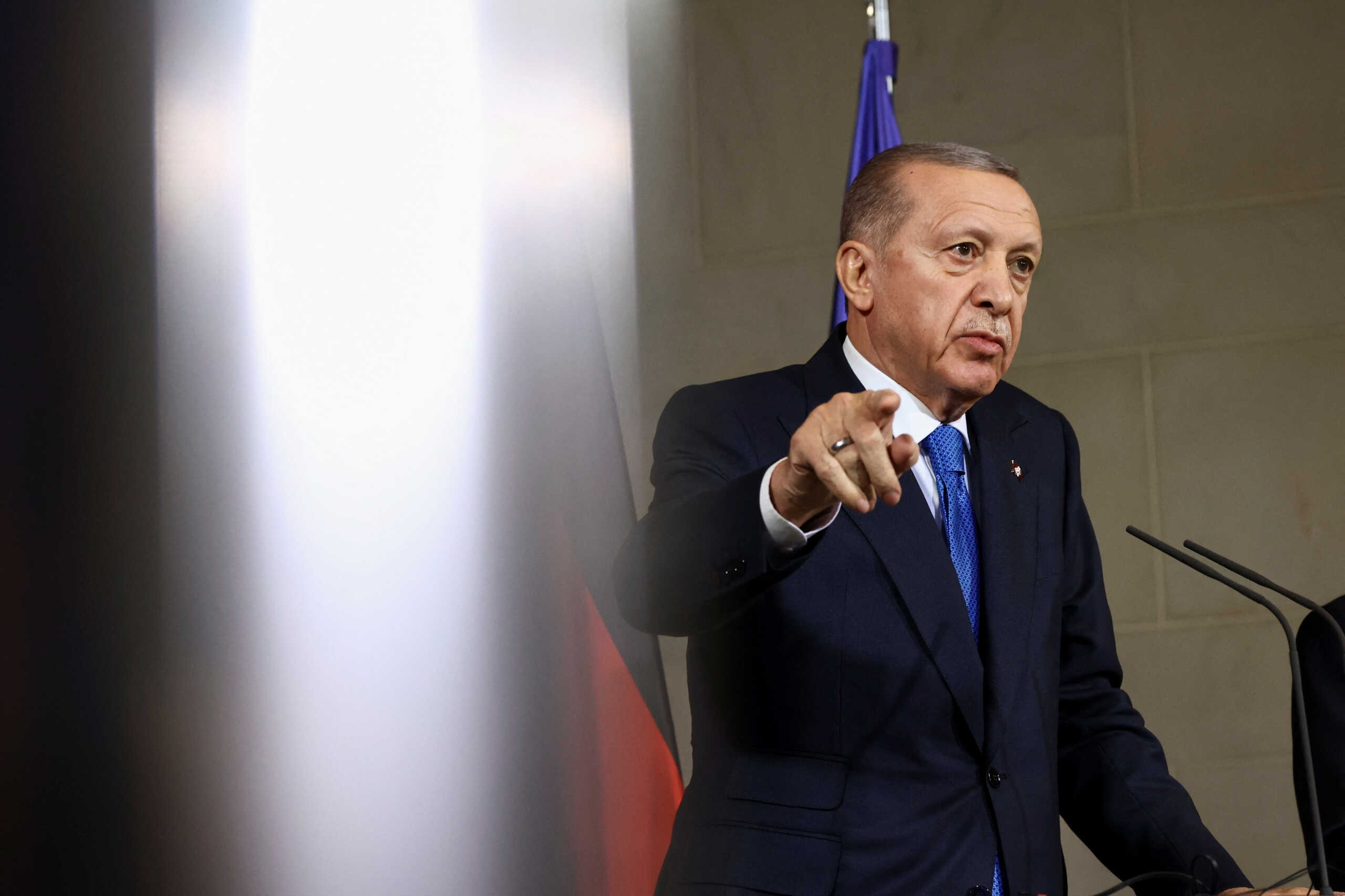 Turkish President Tayyip Erdogan gestures as he attends a press conference with German Chancellor Olaf Scholz (not pictured) at the Chancellery in Berlin, Germany, November 17, 2023. REUTERS