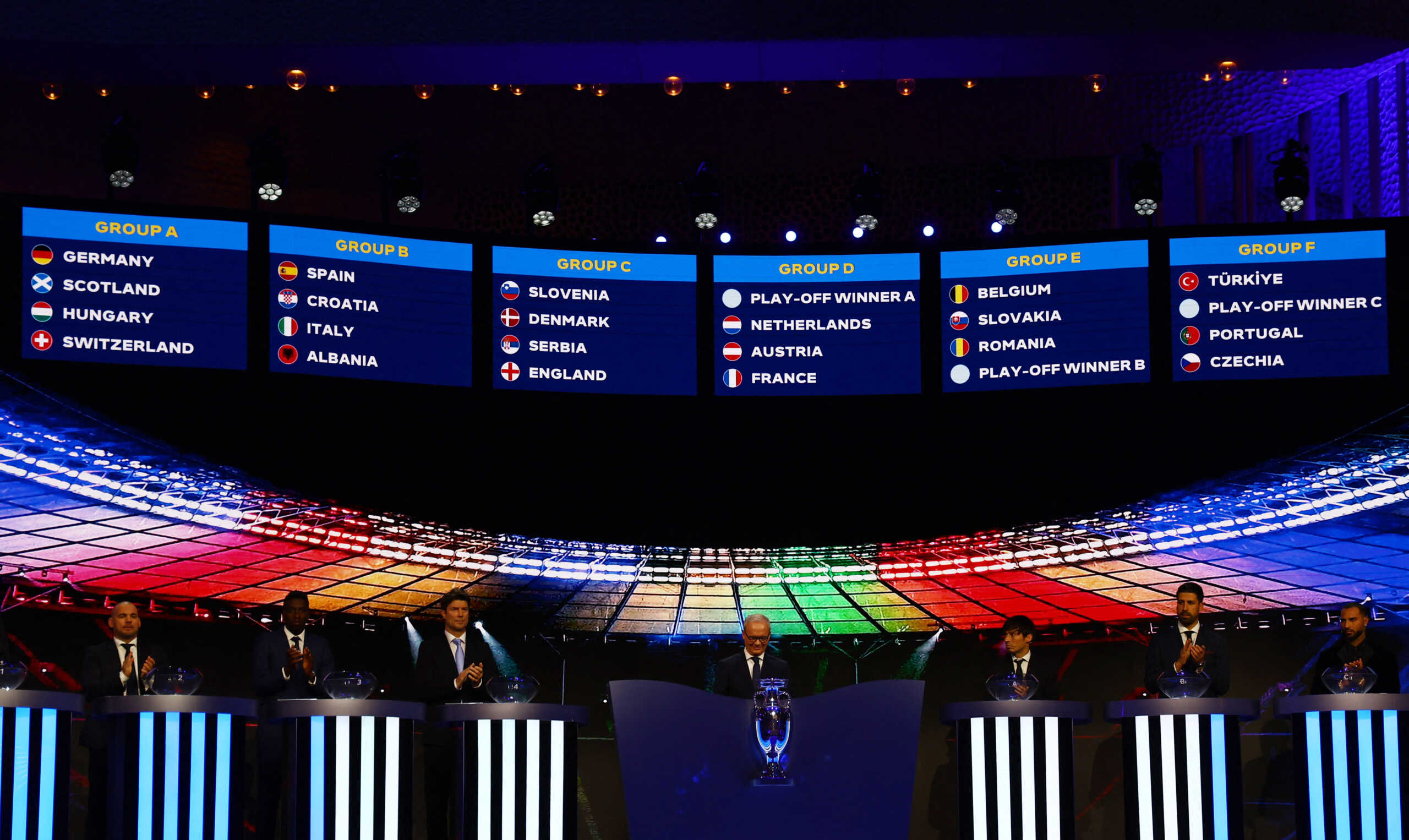 Soccer Football - UEFA Euro 2024 Final Draw - Elbphilharmonie Hamburg, Hamburg, Germany - December 2, 2023 General view of the groups during the draw REUTERS