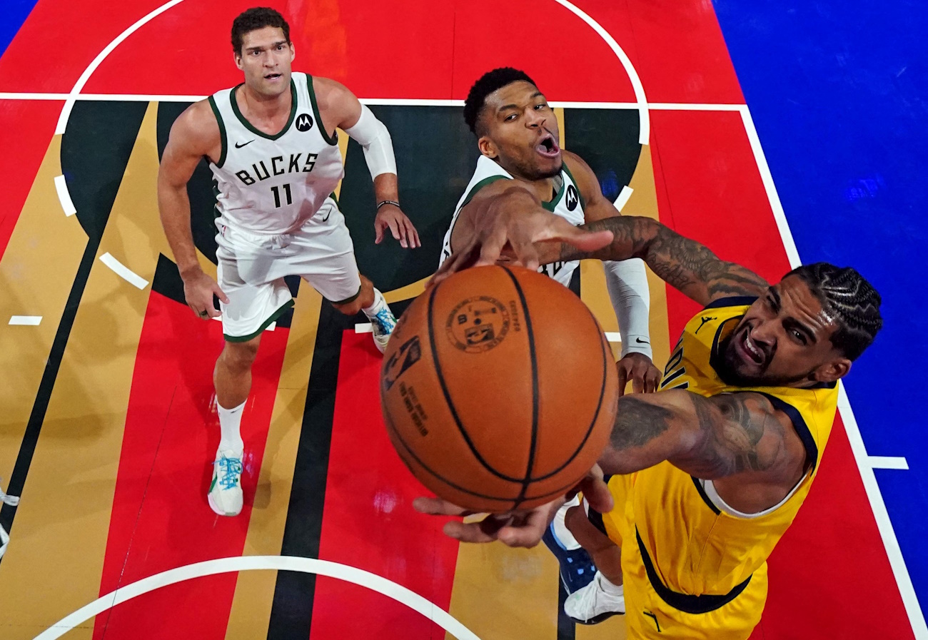 Dec 7, 2023; Las Vegas, Nevada, USA; Indiana Pacers forward Obi Toppin (1) shoots the ball against Milwaukee Bucks forward Giannis Antetokounmpo (34) in the NBA In Season Tournament Semifinal at T-Mobile Arena. Mandatory Credit: Kyle Terada-USA TODAY Sports