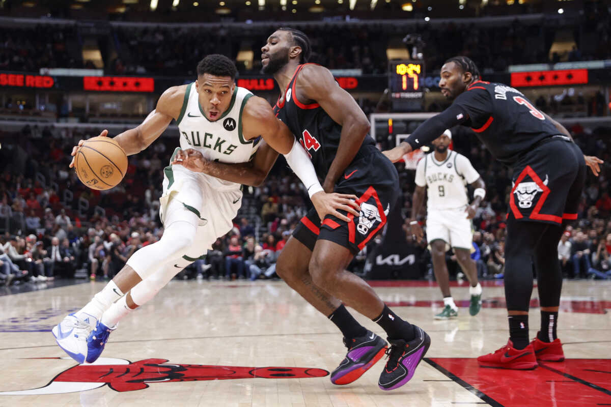 Nov 30, 2023; Chicago, Illinois, USA; Milwaukee Bucks forward Giannis Antetokounmpo (34) drives to the basket against Chicago Bulls forward Patrick Williams (44) during the first half at United Center. Mandatory Credit: Kamil Krzaczynski-USA TODAY Sports