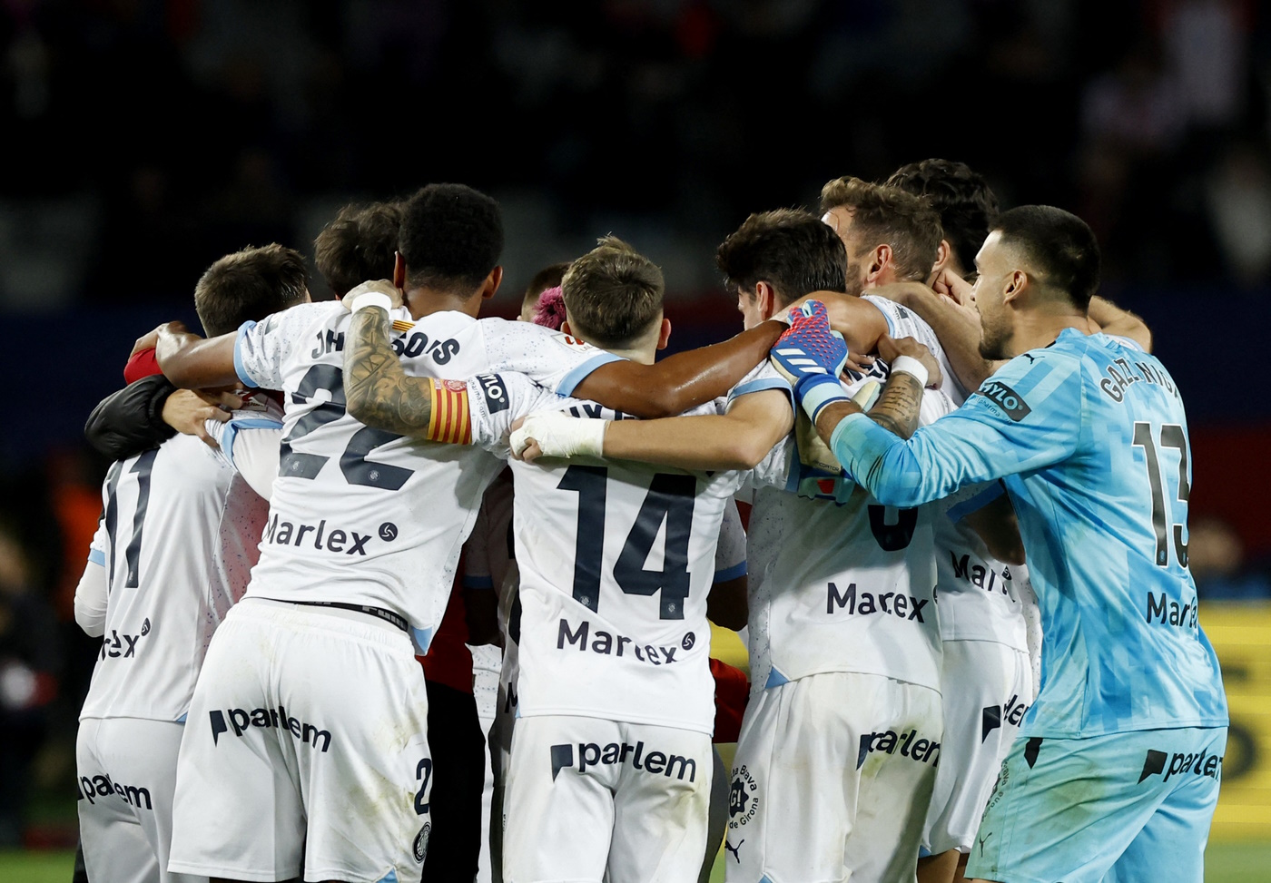 Soccer Football - LaLiga - FC Barcelona v Girona - Estadi Olimpic Lluis Companys, Barcelona, Spain - December 10, 2023 Girona players celebrate after the match REUTERS