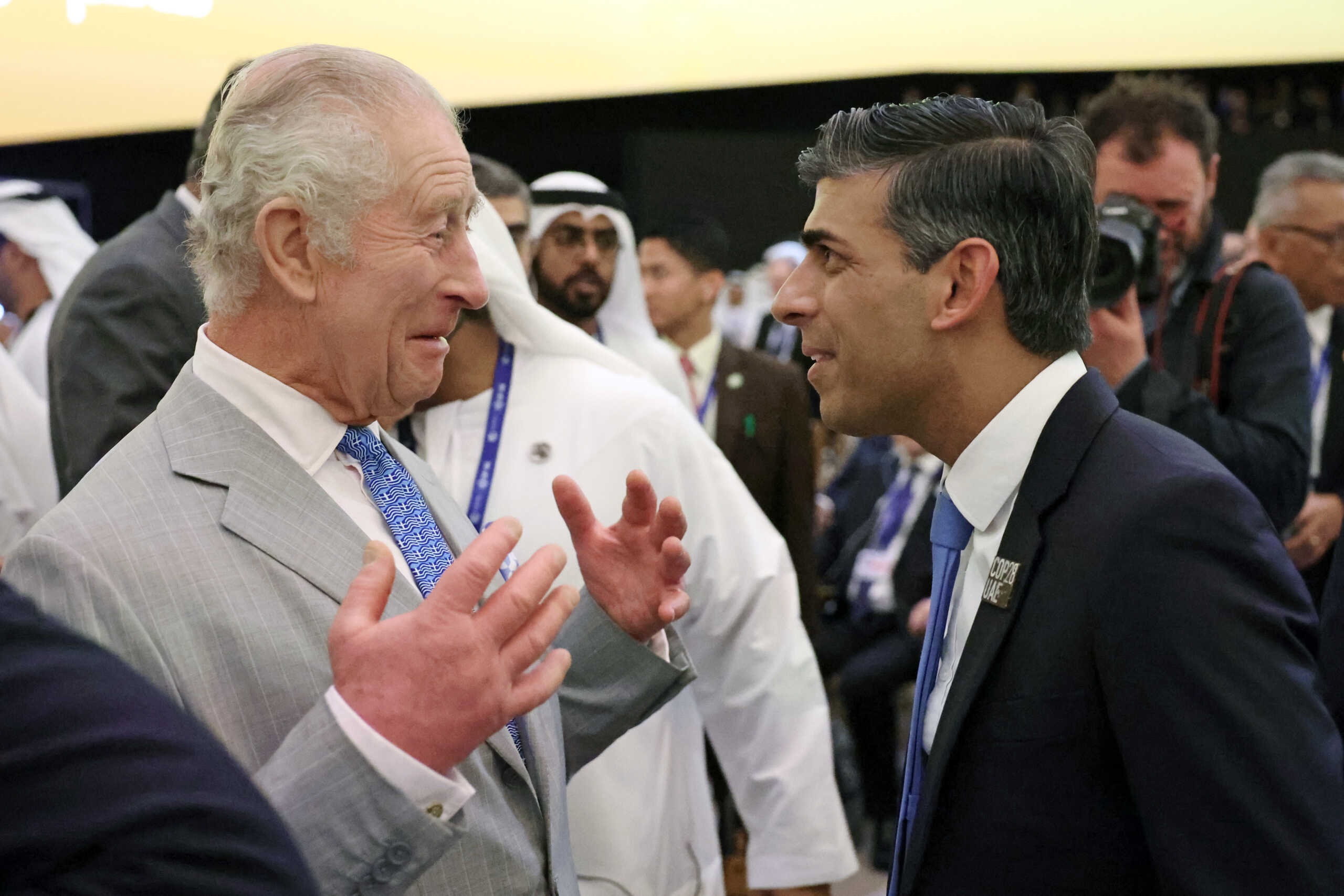 DUBAI, UNITED ARAB EMIRATES - DECEMBER 01: King Charles III and Prime Minister of the United Kingdom Rishi Sunak attend the opening ceremony of the World Climate Action Summit during COP28 on December 01, 2023 in Dubai, United Arab Emirates. The King is visiting Dubai to attend COP28 UAE, the United Nation's Climate Change Conference.  (Photo by Chris Jackson