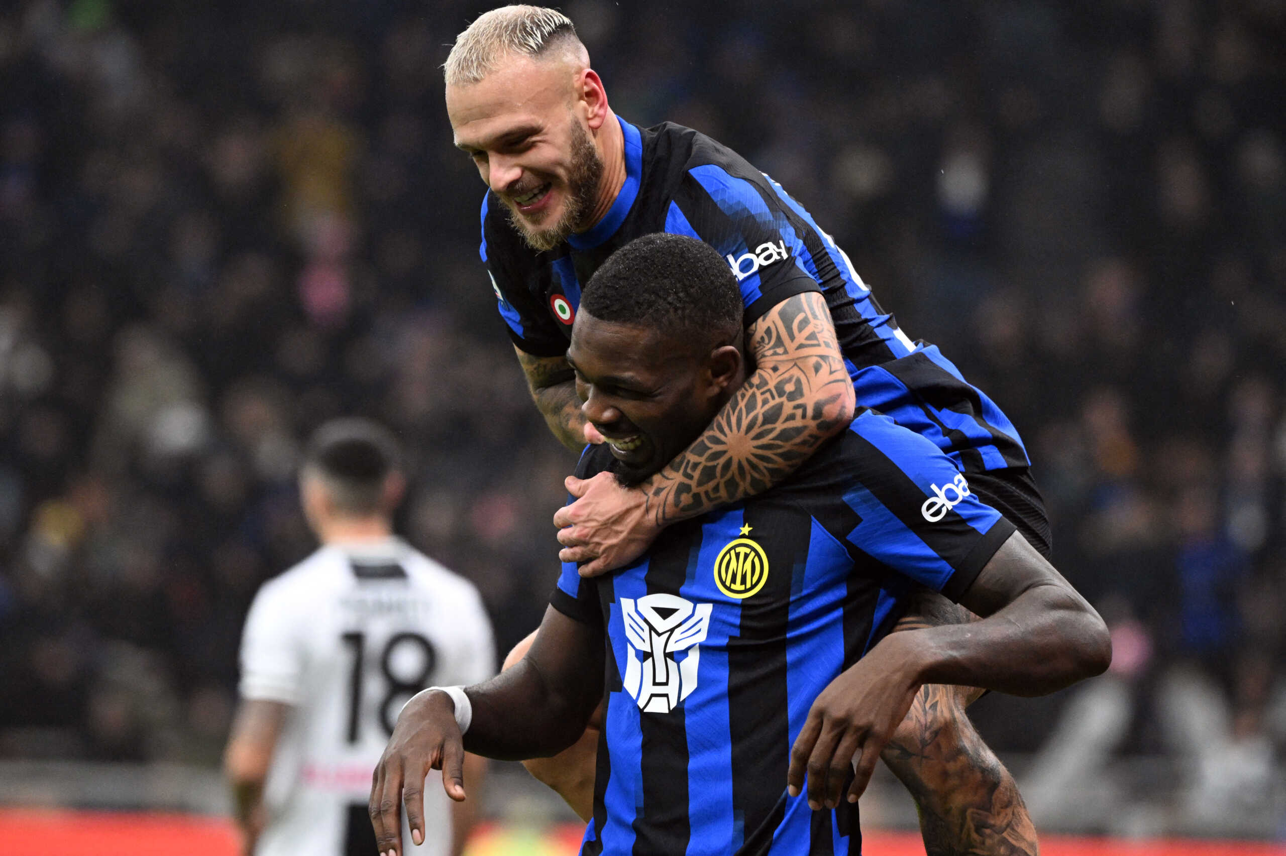 Soccer Football - Serie A - Inter Milan v Udinese - San Siro, Milan, Italy - December 9, 2023 Inter Milan's Federico Dimarco celebrates scoring their second goal REUTERS