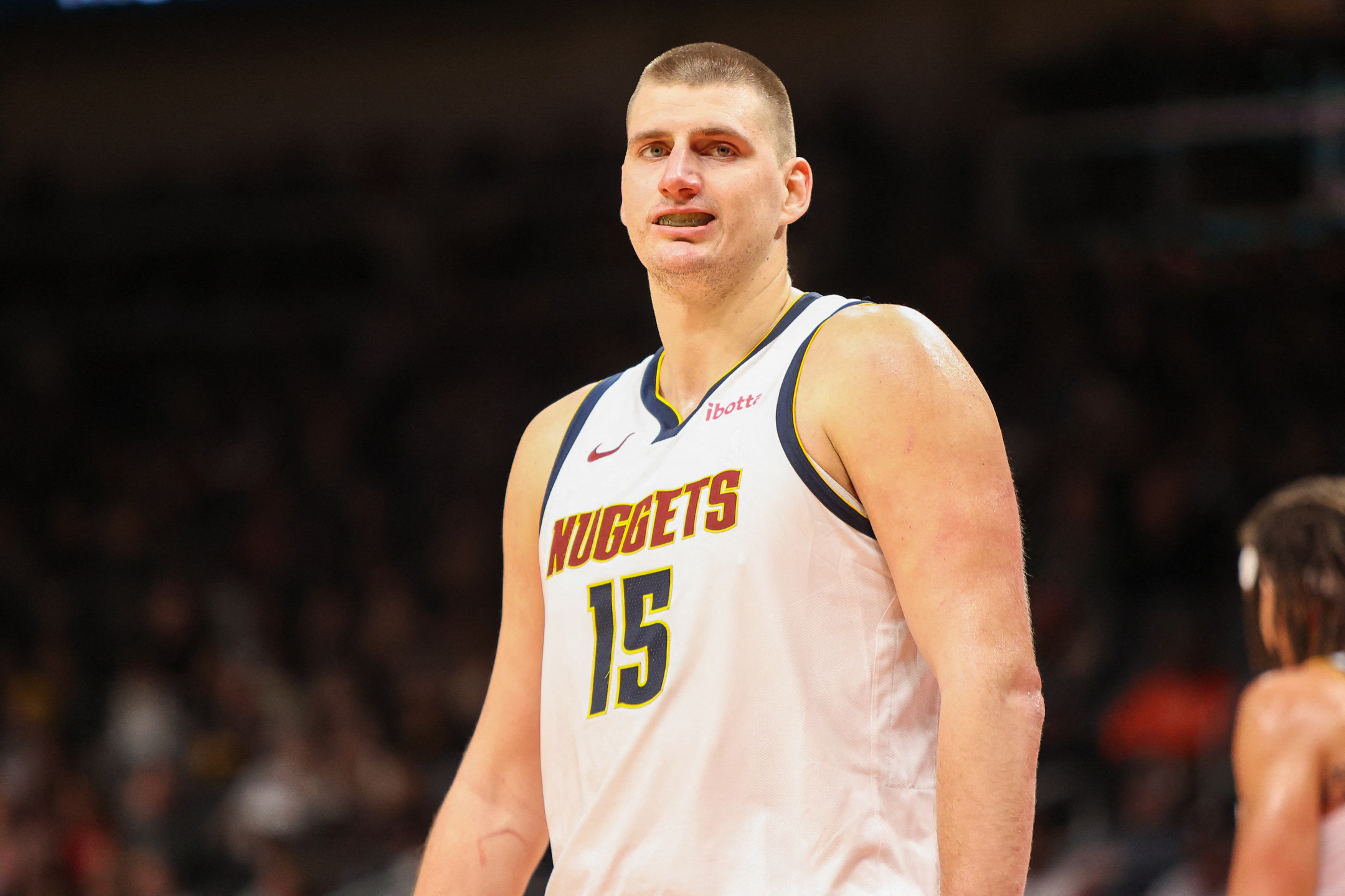 Dec 11, 2023; Atlanta, Georgia, USA; Denver Nuggets center Nikola Jokic (15) in action against the Atlanta Hawks in the second half at State Farm Arena. Mandatory Credit: Brett Davis-USA TODAY Sports