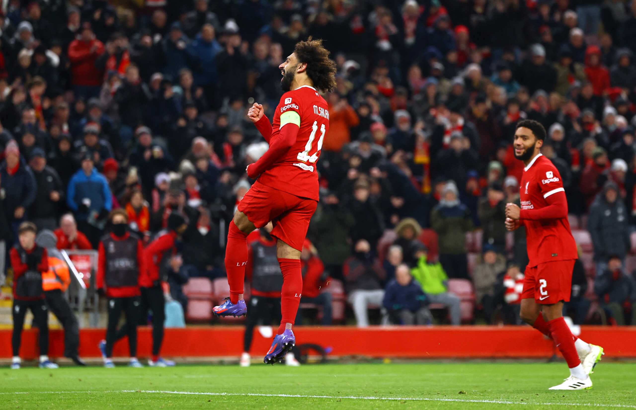 Soccer Football - Europa League - Group E - Liverpool v LASK Linz - Anfield, Liverpool, Britain - November 30, 2023  Liverpool's Mohamed Salah celebrates scoring their third goal REUTERS