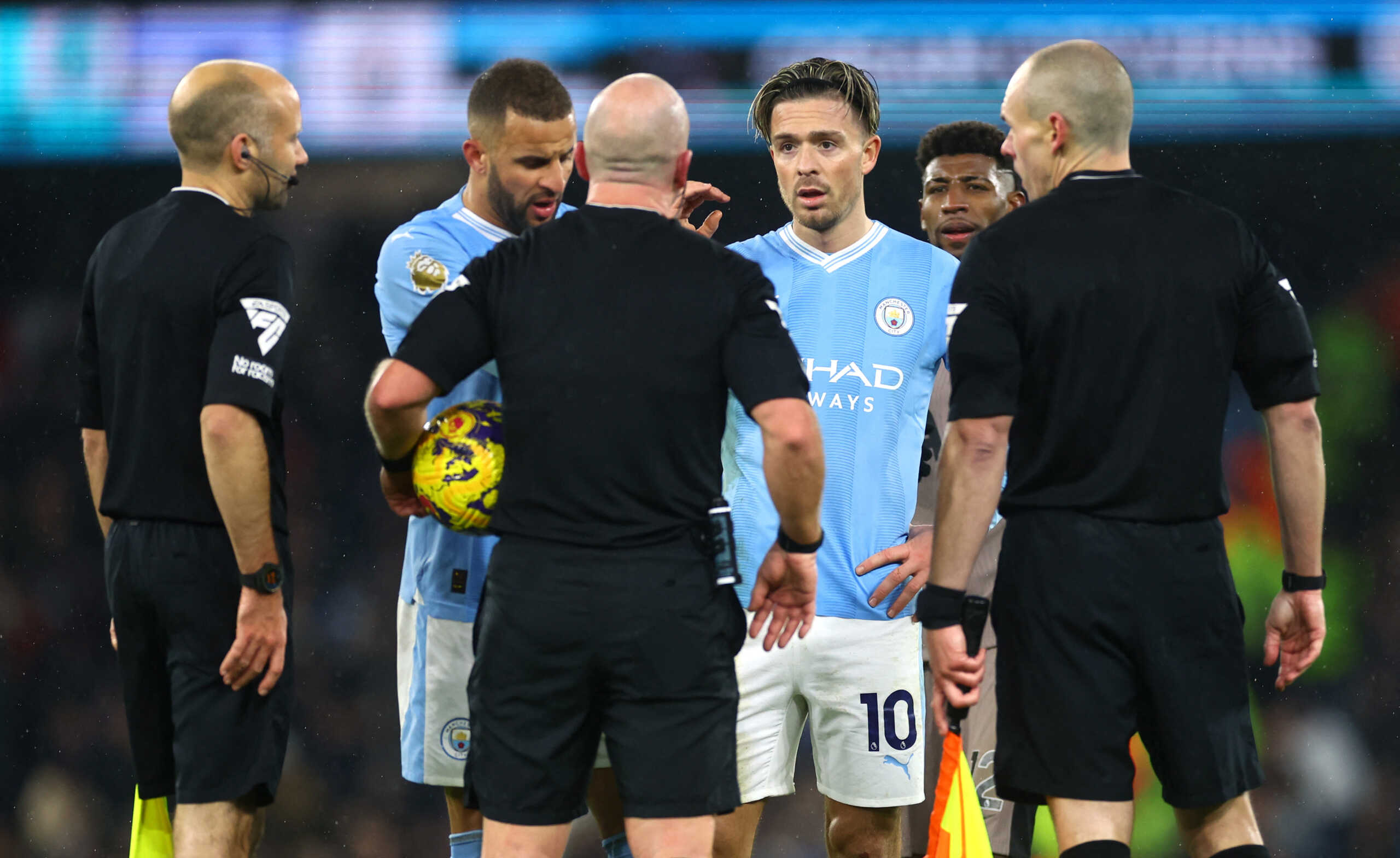 Soccer Football - Premier League - Manchester City v Tottenham Hotspur - Etihad Stadium, Manchester, Britain - December 3, 2023 Manchester City's Jack Grealish remonstrates with referee Simon Hooper after the match REUTERS