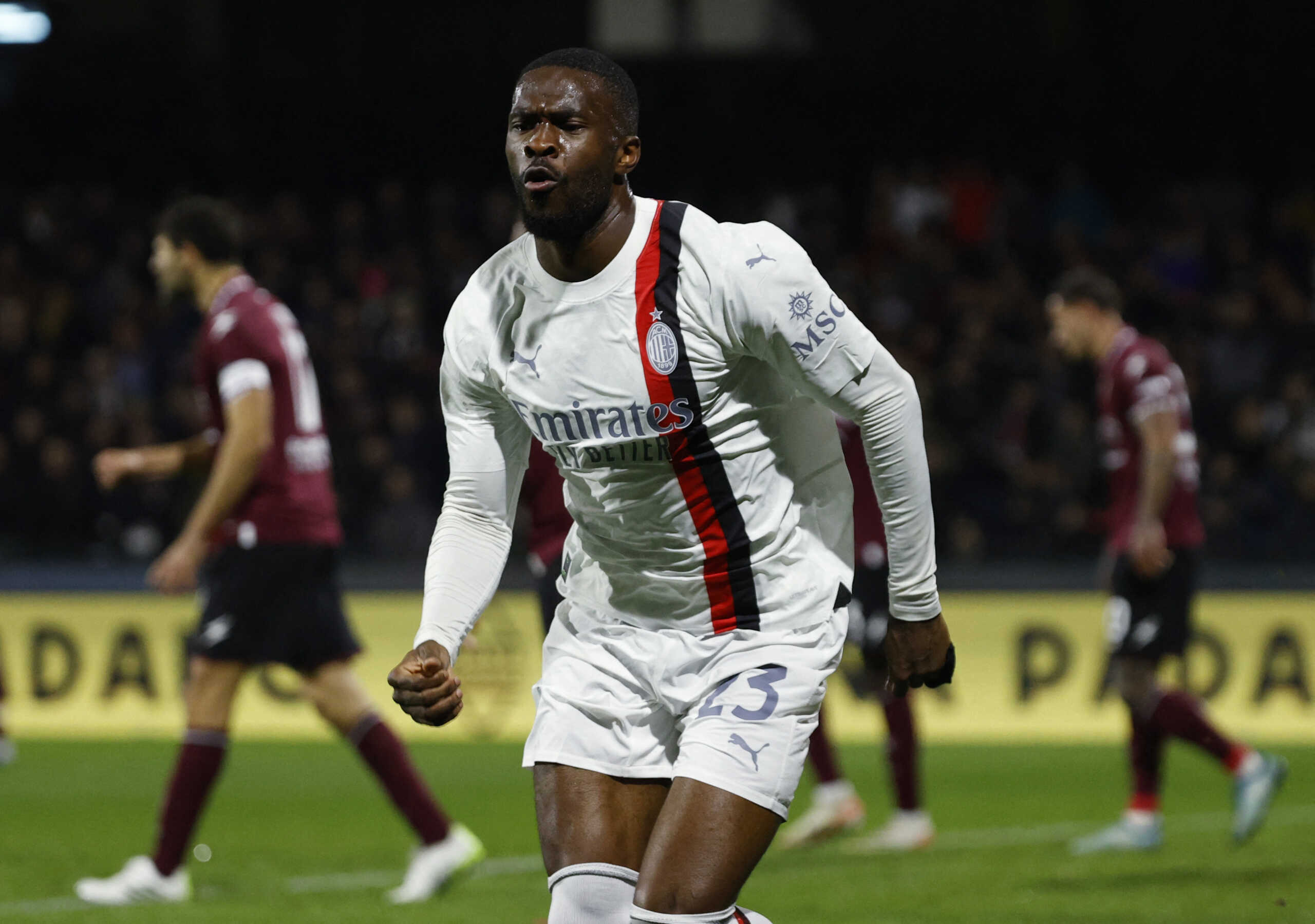 Soccer Football - Serie A - Salernitana v AC Milan - Stadio Arechi, Salerno, Italy - December 22, 2023 AC Milan's Fikayo Tomori celebrates scoring their first goal REUTERS