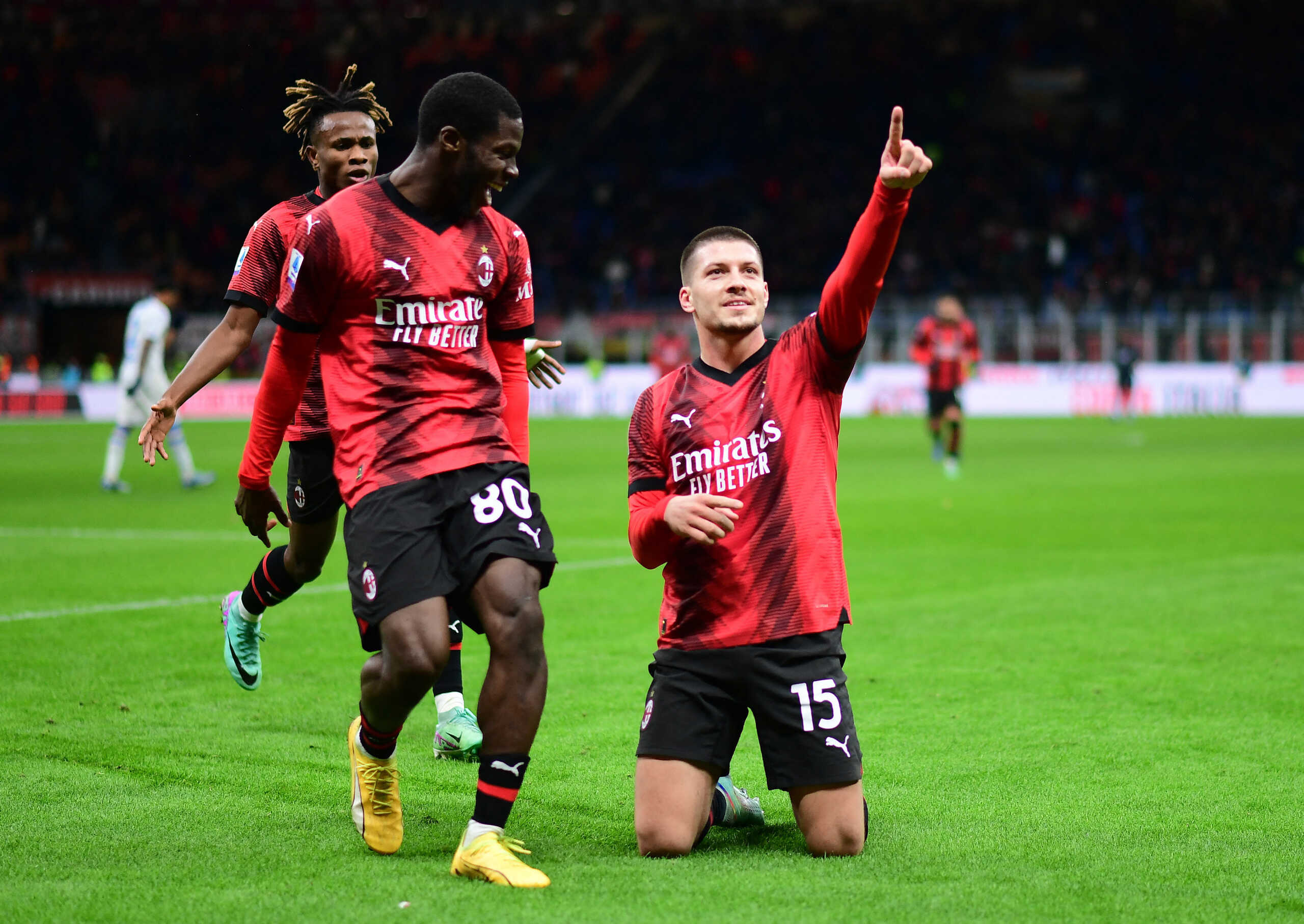 Soccer Football - Serie A - AC Milan v Frosinone - San Siro, Milan, Italy - December 2, 2023 AC Milan's Luka Jovic celebrates scoring their first goal with Yunus Musah REUTERS