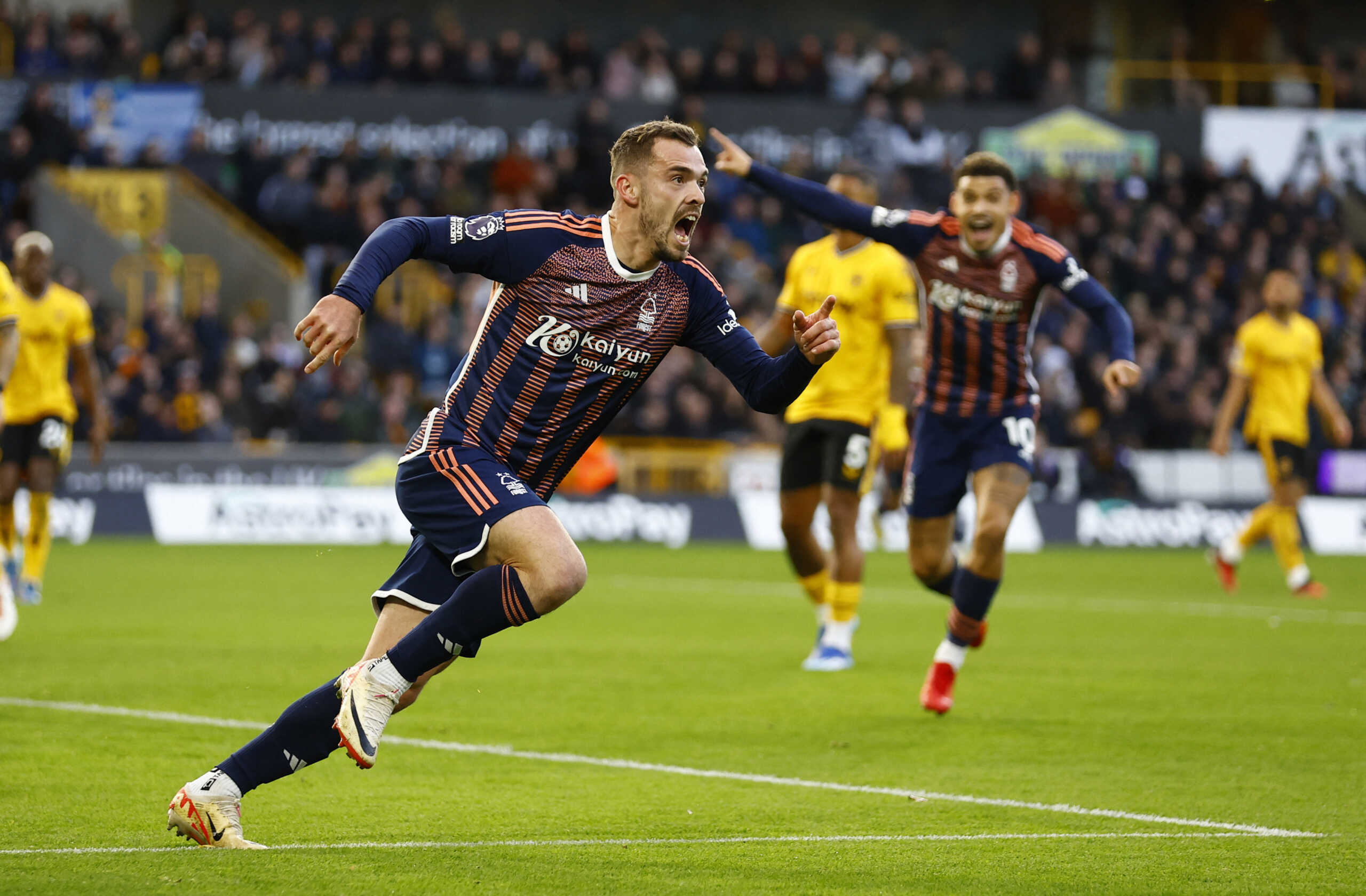 Soccer Football - Premier League - Wolverhampton Wanderers v Nottingham Forest - Molineux Stadium, Wolverhampton, Britain - December 9, 2023 Nottingham Forest's Harry Toffolo celebrates scoring their first goal Action Images via Reuters