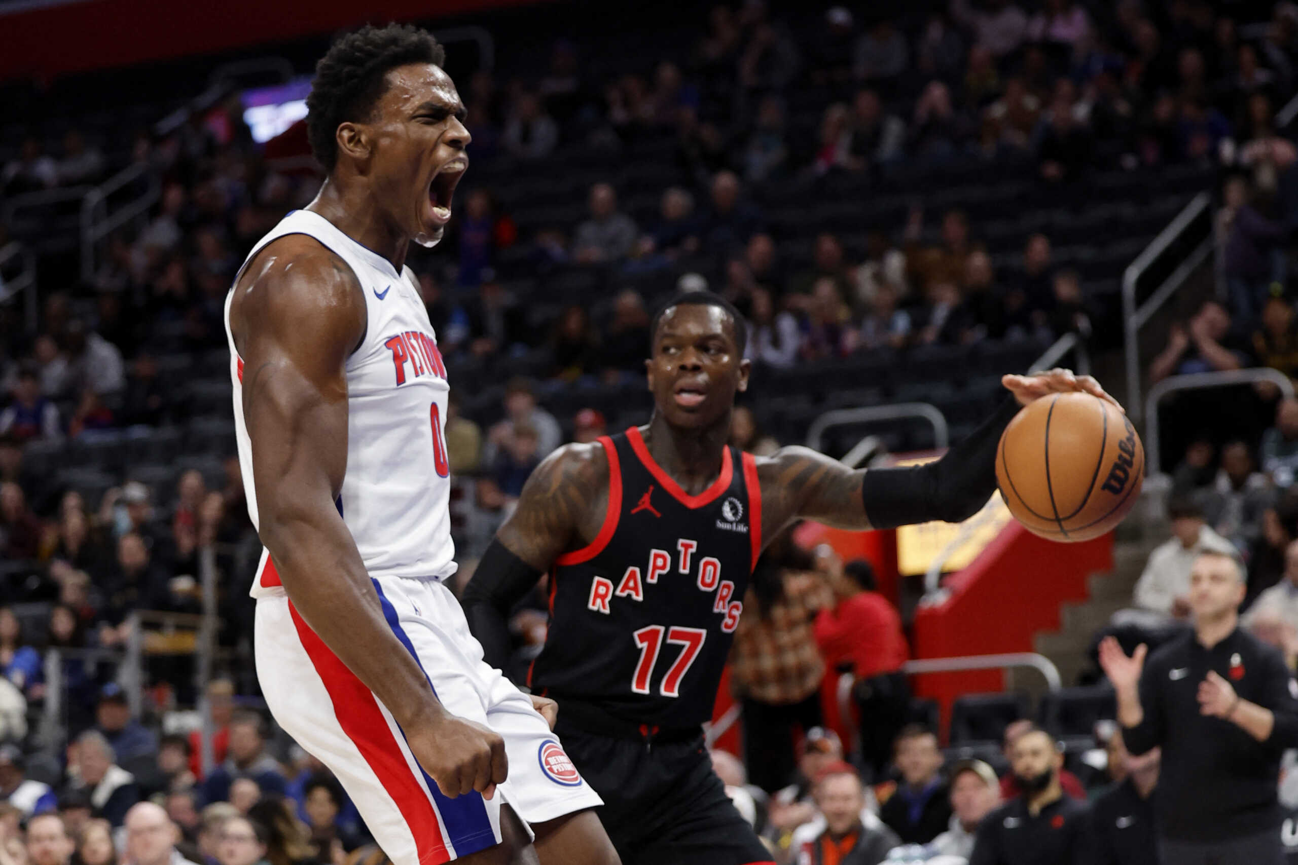 Dec 30, 2023; Detroit, Michigan, USA; Detroit Pistons center Jalen Duren (0) celebrates after he dunks in the first half against the Toronto Raptors at Little Caesars Arena. Mandatory Credit: Rick Osentoski-USA TODAY Sports