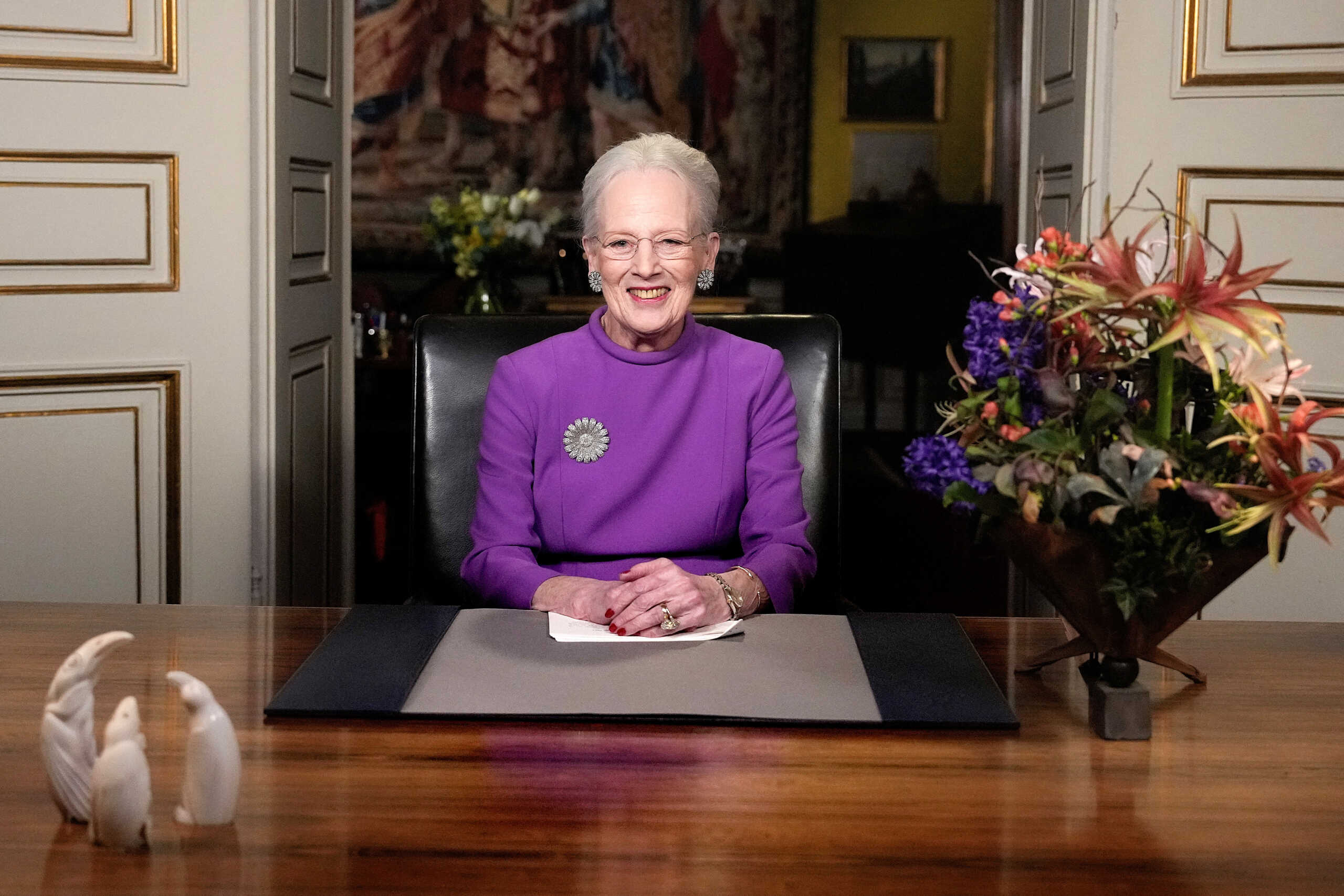 Queen Margrethe II gives a New Year's speech and announces her abdication from Christian IX's Palace, Amalienborg Castle, in Copenhagen, Sunday 31 December 2023. Keld Navntoft