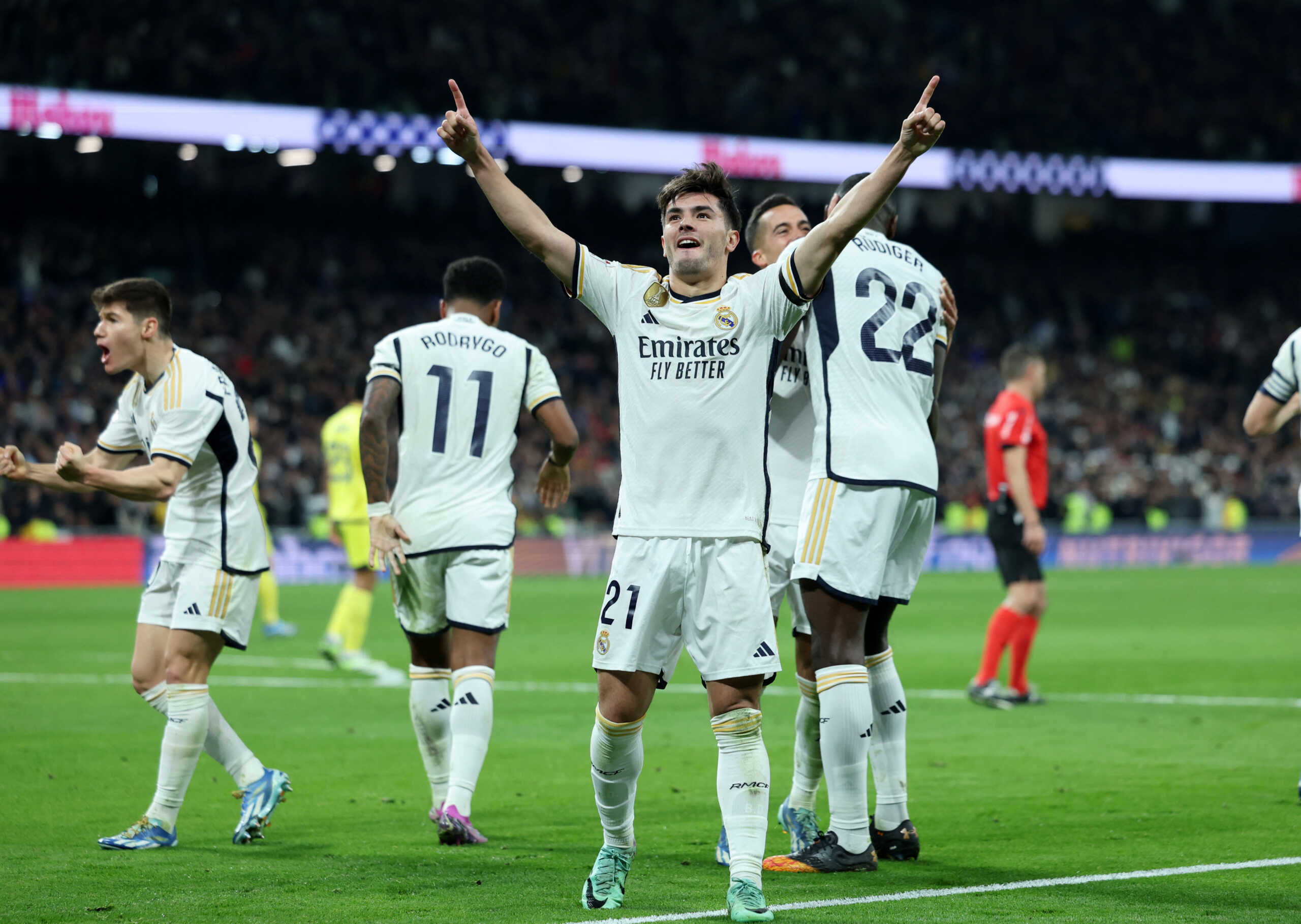 Soccer Football - LaLiga - Real Madrid v Villarreal - Santiago Bernabeu, Madrid, Spain - December 17, 2023 Real Madrid's Brahim Diaz celebrates scoring their third goal REUTERS