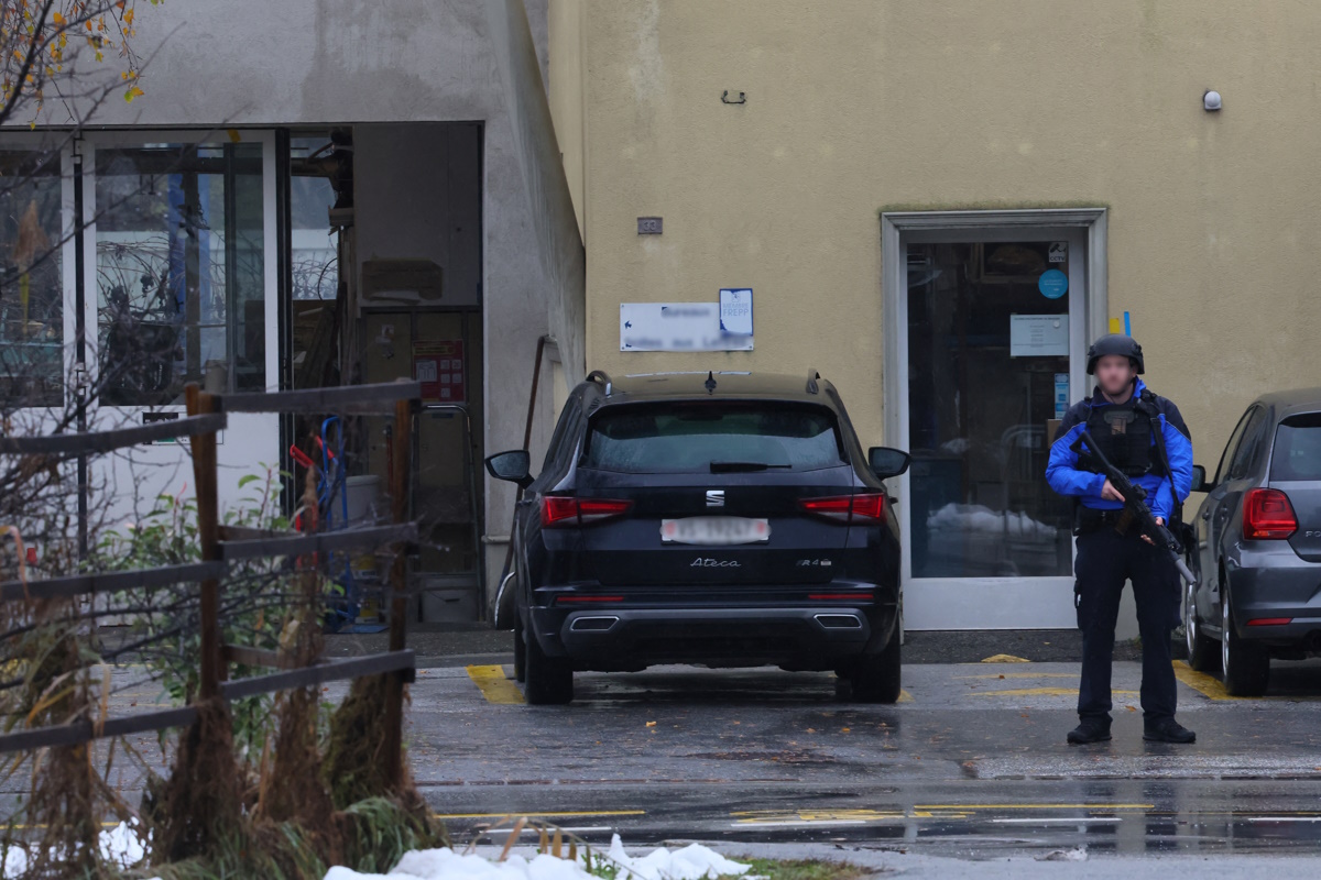 Police secure the area after a shooting in the Swiss town of Sion, Switzerland, December 11, 2023. REUTERS