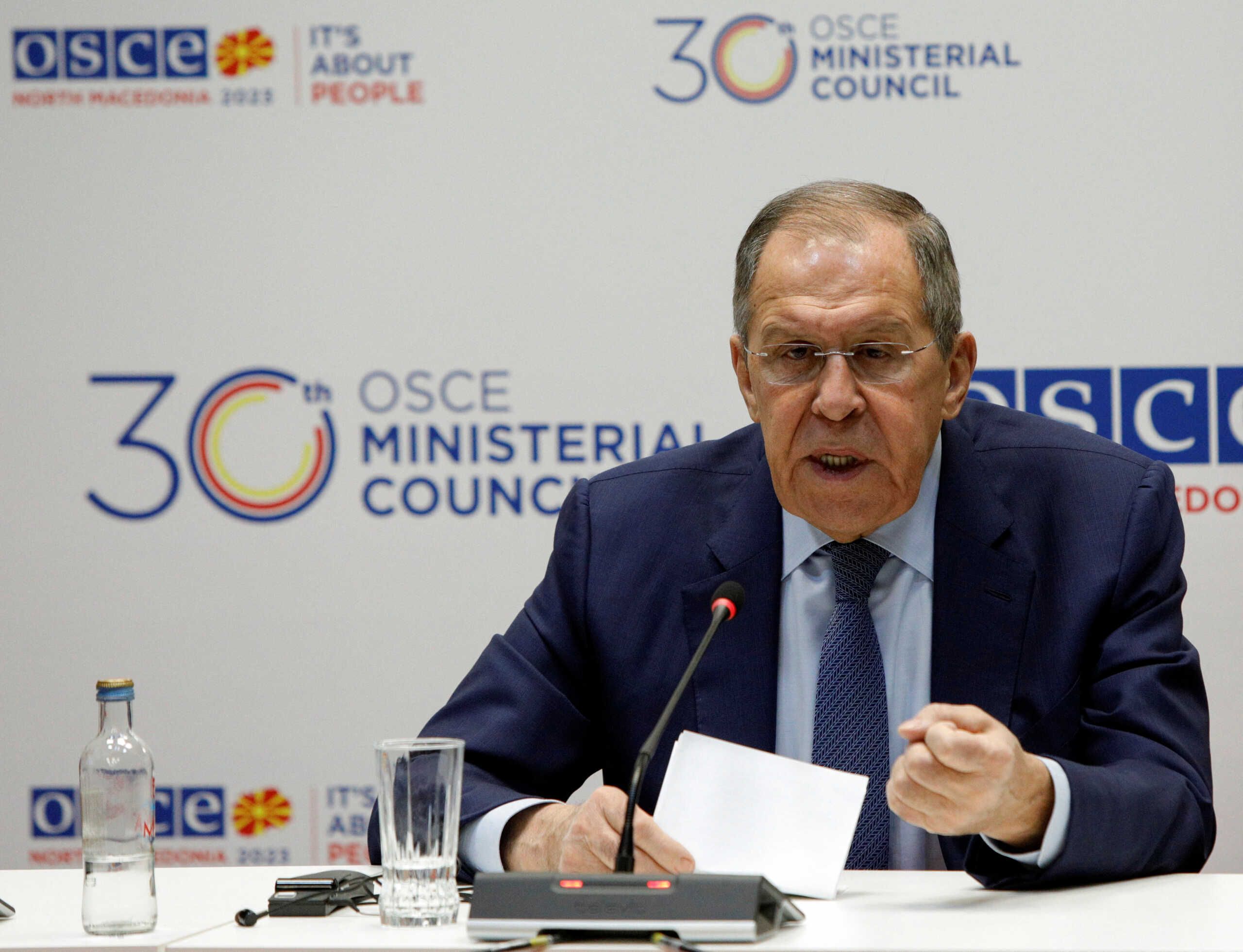 Russian Foreign Minister Sergei Lavrov holds a press conference on the sidelines of a meeting of foreign ministers of the Organisation for Security and Cooperation in Europe (OSCE), in Skopje, North Macedonia, December 1, 2023. REUTERS