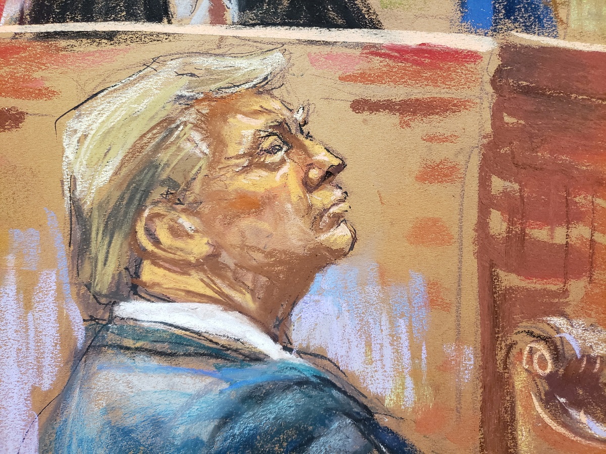 Former U.S. president Donald Trump listens as New York University accounting professor Eli Bartov is questioned by lawyer Jesus Suarez during the Trump Organization civil fraud trial in New York State Supreme Court in the Manhattan borough of New York City, U.S., December 7, 2023 in this courtroom sketch. REUTERS