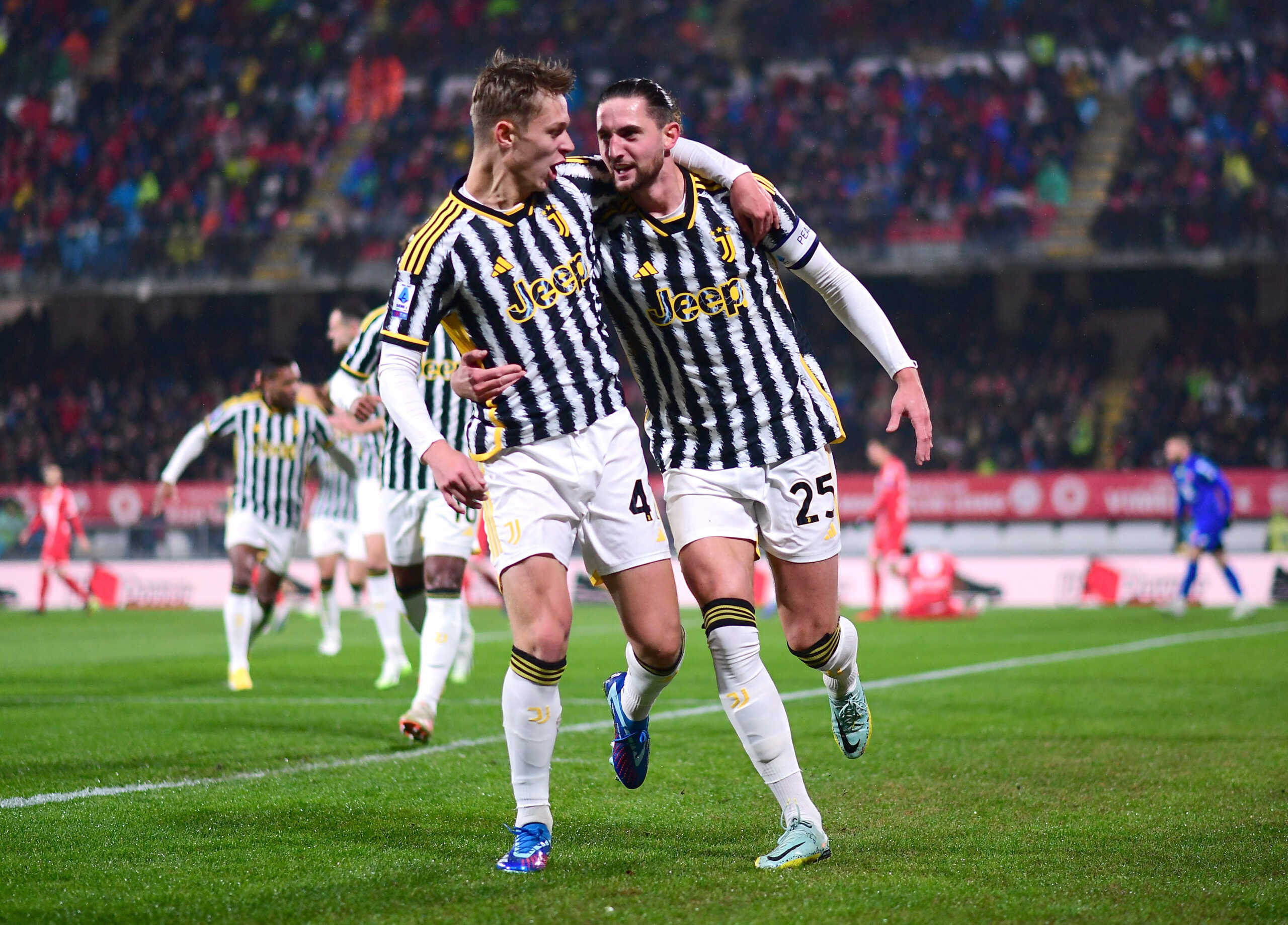 Soccer Football - Serie A - Monza v Juventus - Stadio Brianteo, Monza, Italy - December 1, 2023 Juventus' Adrien Rabiot celebrates scoring their first goal with Hans Nicolussi Caviglia REUTERS