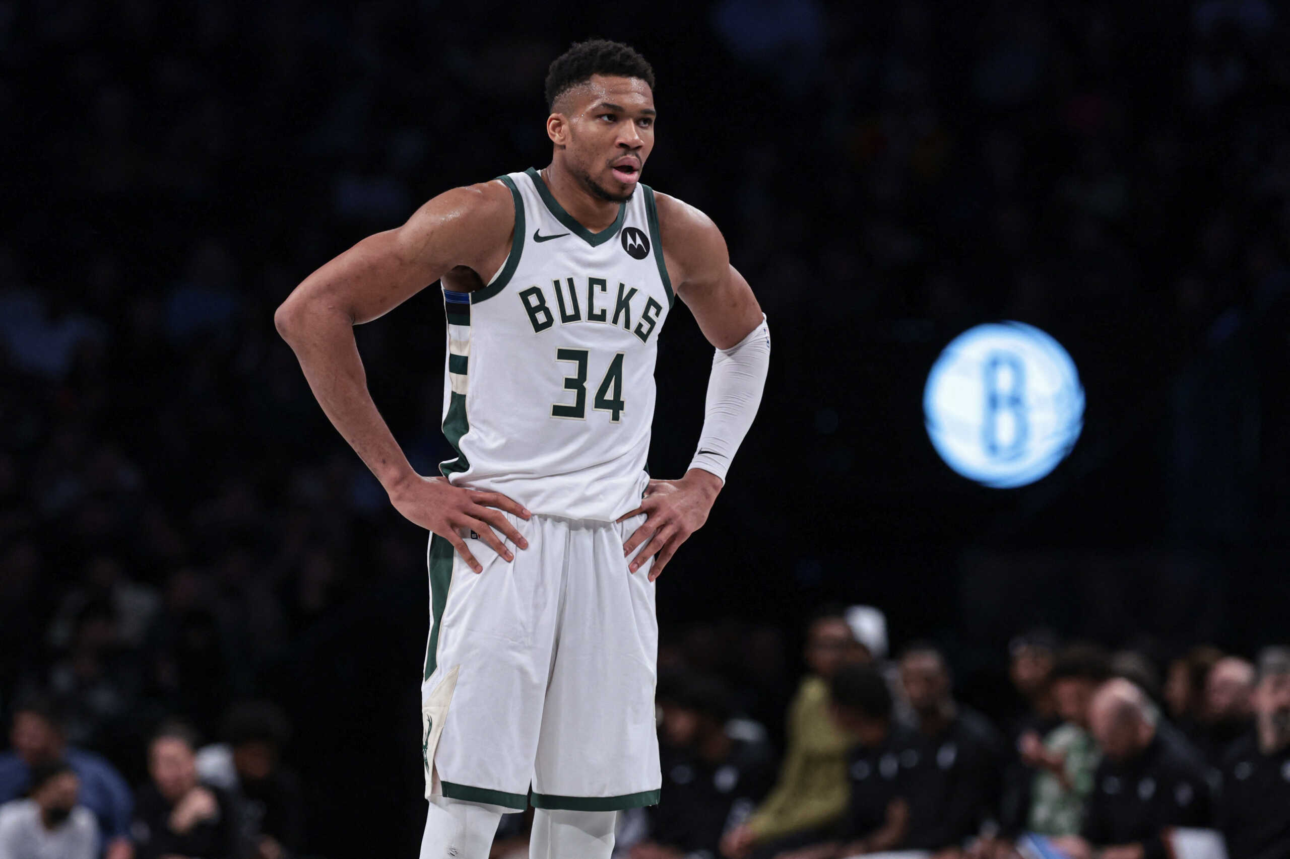 Dec 27, 2023; Brooklyn, New York, USA; Milwaukee Bucks forward Giannis Antetokounmpo (34) looks on before a free throw during the second half against the Brooklyn Nets at Barclays Center. Mandatory Credit: Vincent Carchietta-USA TODAY Sports