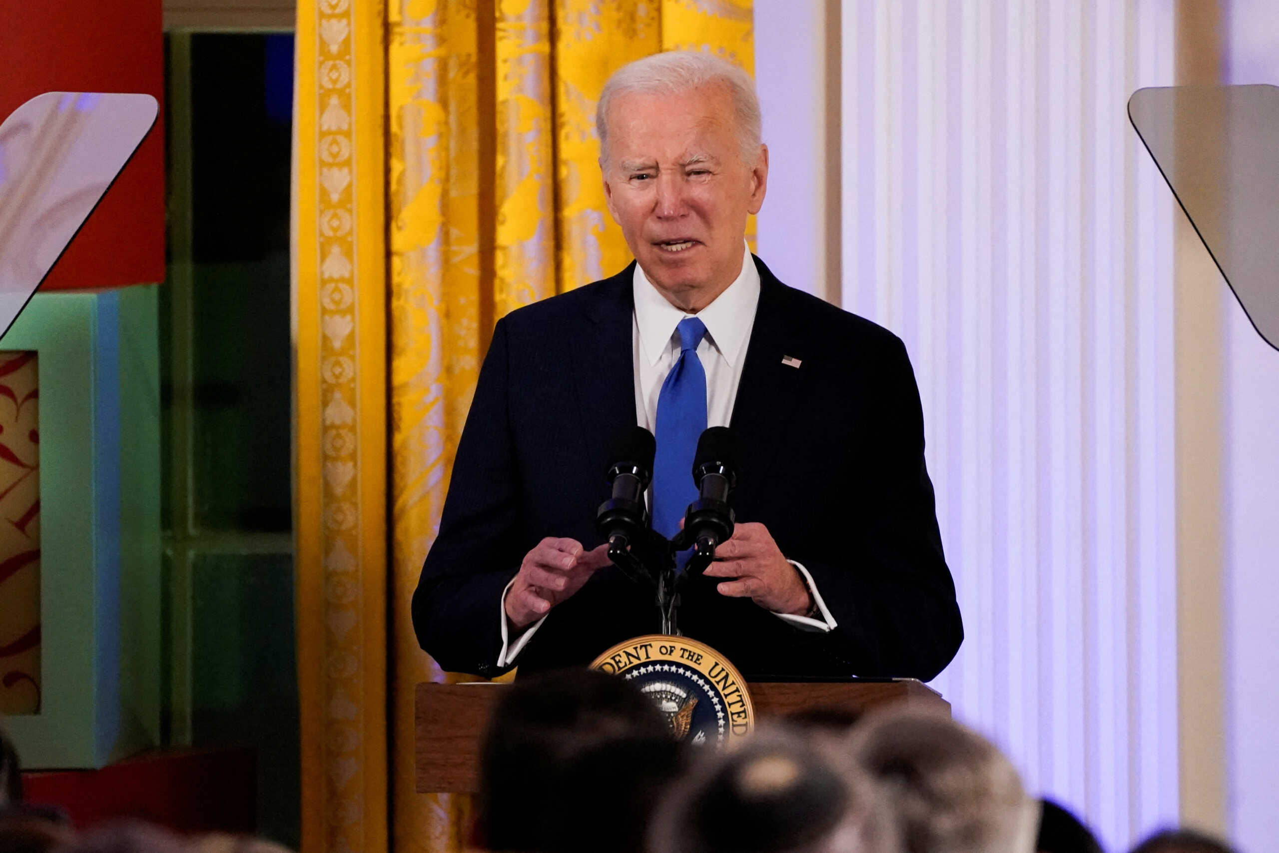 U.S. President Joe Biden delivers remarks during a Hanukkah reception at the White House in Washington, U.S., December 11, 2023. REUTERS