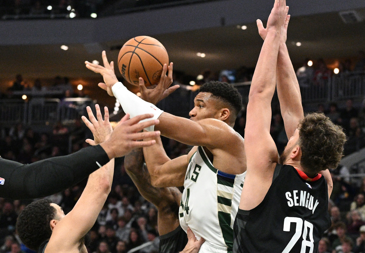 Dec 17, 2023; Milwaukee, Wisconsin, USA; Milwaukee Bucks forward Giannis Antetokounmpo (34) drives against Houston Rockets center Alperen Sengun (28) in the first half at Fiserv Forum. Mandatory Credit: Michael McLoone-USA TODAY Sports