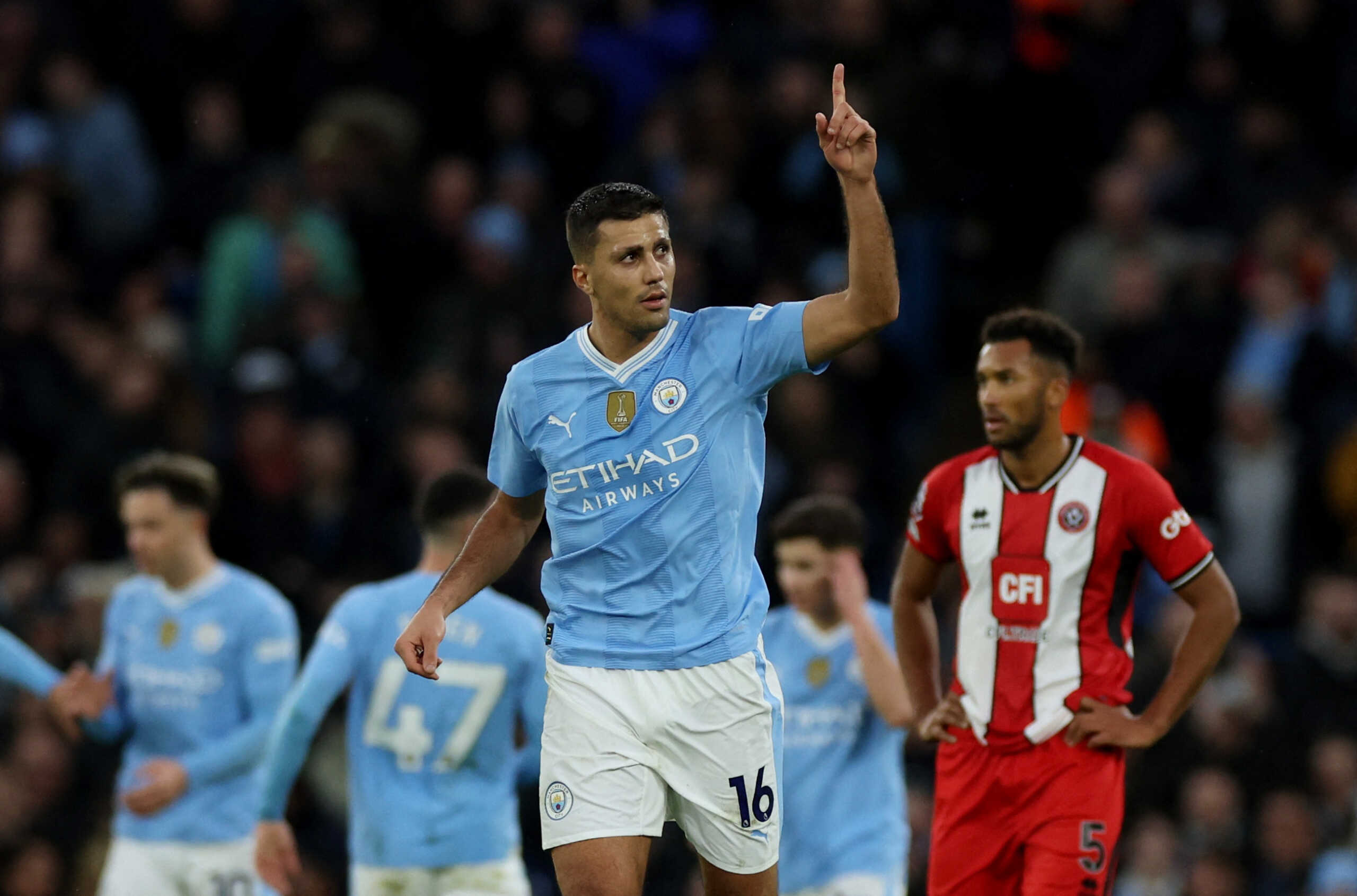 Soccer Football - Premier League - Manchester City v Sheffield United - Etihad Stadium, Manchester, Britain - December 30, 2023  Manchester City's Rodri celebrates scoring their first goal REUTERS