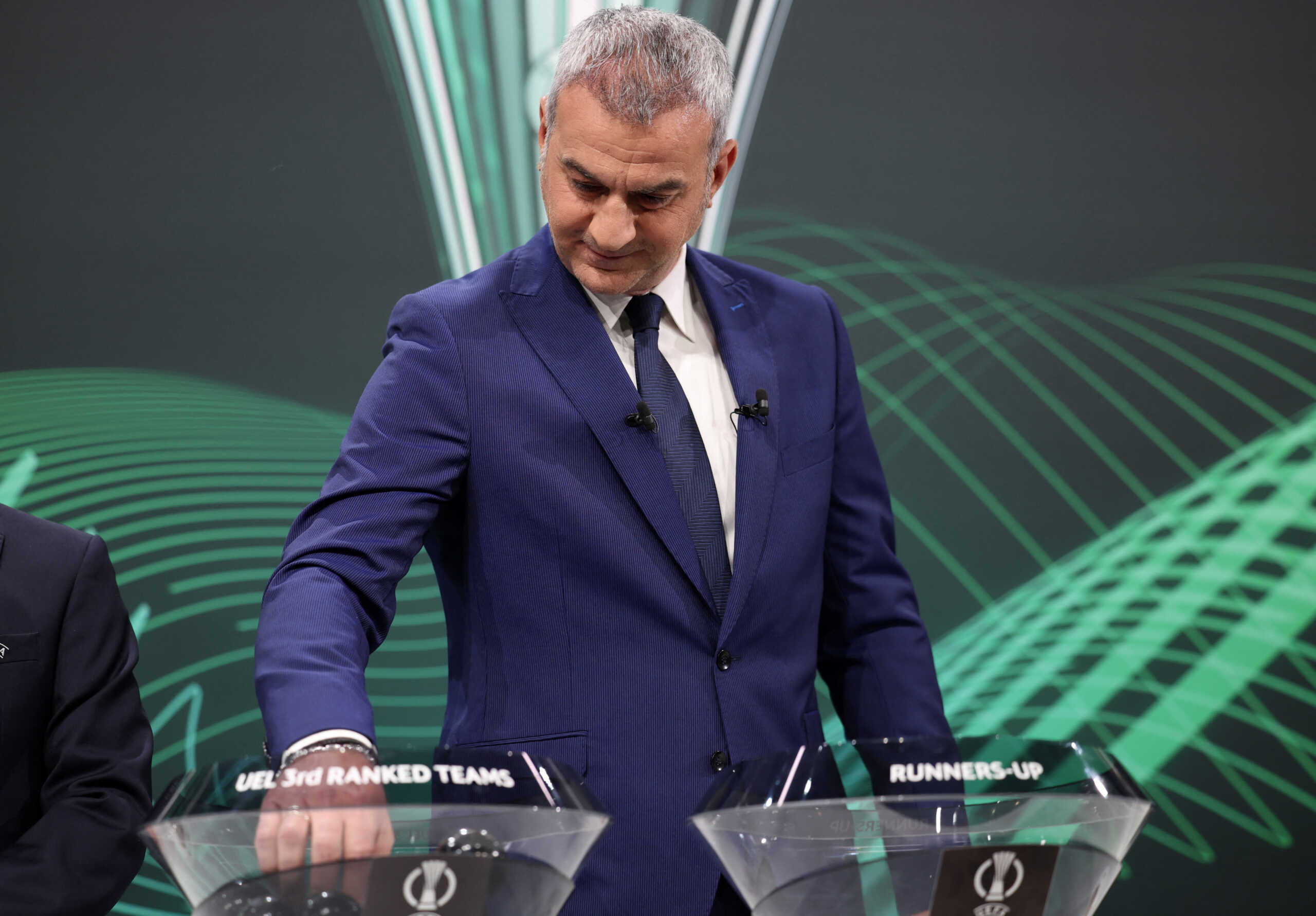 Soccer Football - Europa Conference League - Knockout Round Playoff Draw - Nyon, Switzerland - December 18, 2023 Former Greek footballer Traianos Dellas during the draw REUTERS