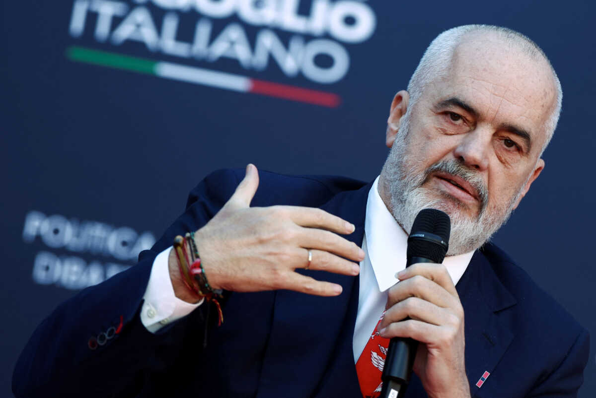 Albanian Prime Minister Edi Rama speaks during political festival Atreju organised by Italian Prime Minister Giorgia Meloni's Brothers of Italy (Fratelli d'Italia) right-wing party in Rome, Italy, December 16, 2023. REUTERS