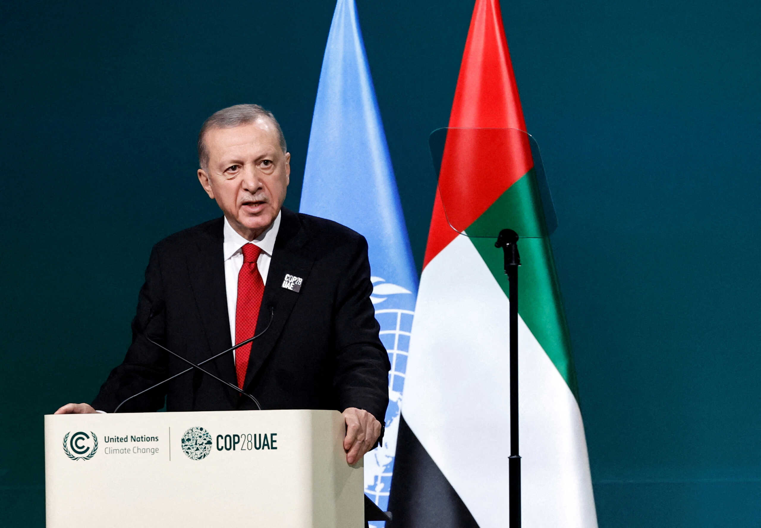 FILE PHOTO: Turkish President Tayyip Erdogan delivers a statement at the United Nations Climate Change Conference (COP28) in Dubai, United Arab Emirates, December 1, 2023. REUTERS