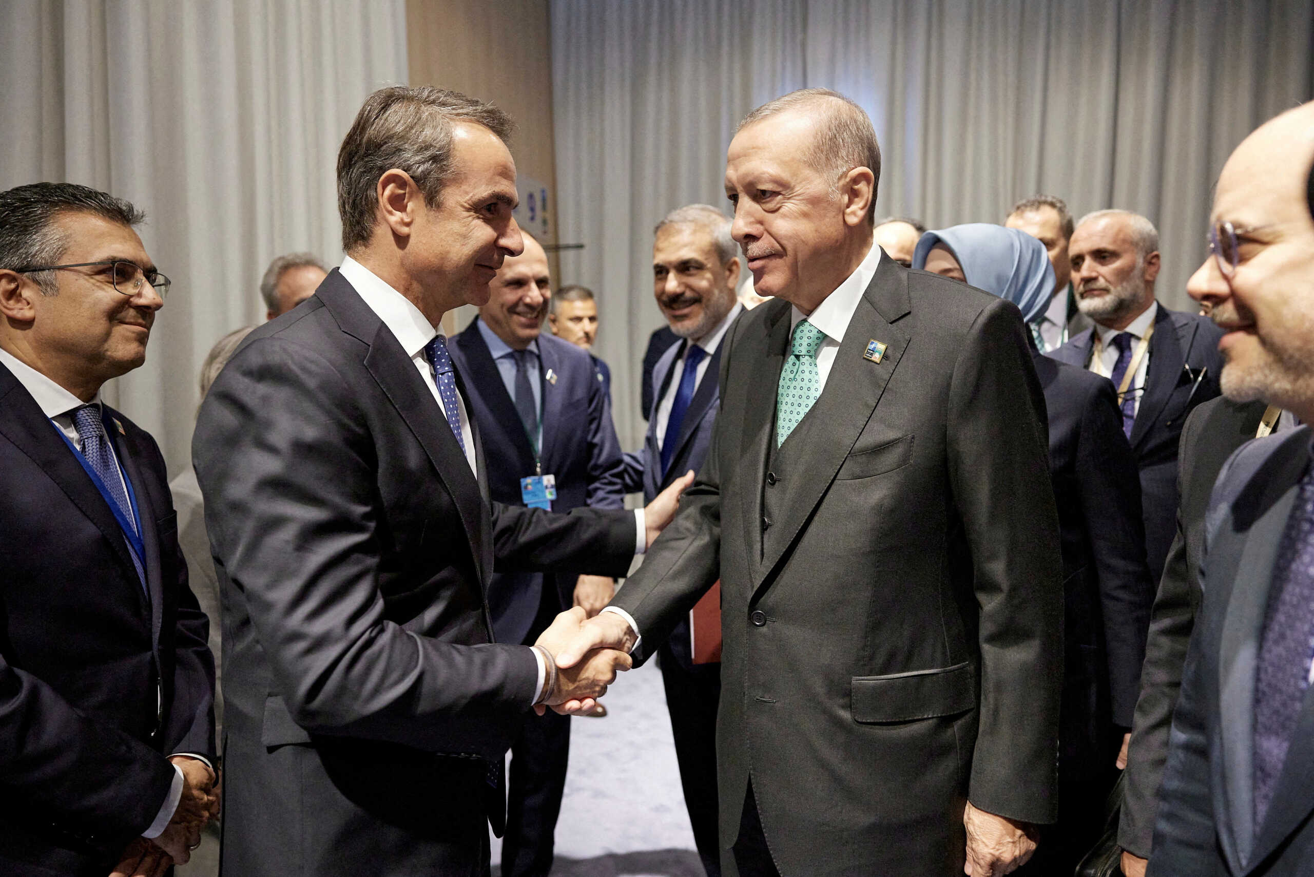 FILE PHOTO: Greece's Prime Minister Kyriakos Mitsotakis meets with Turkey's President Tayyip Erdogan during a NATO leaders summit in Vilnius, Lithuania July 12, 2023. Dimitris Papamitsos