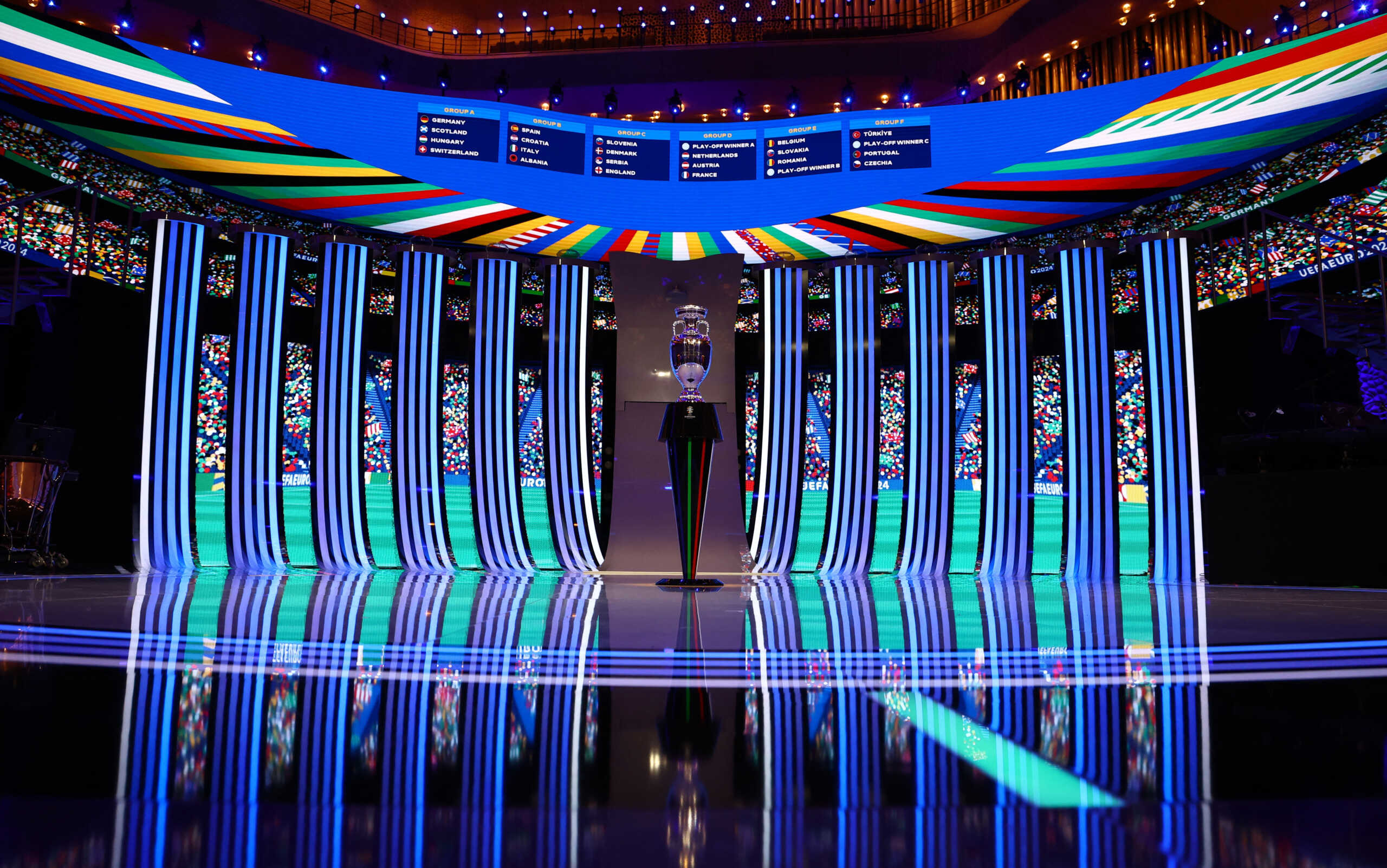 Soccer Football - UEFA Euro 2024 Final Draw - Elbphilharmonie Hamburg, Hamburg, Germany - December 2, 2023 General view of the groups as trophy is displayed during the draw REUTERS