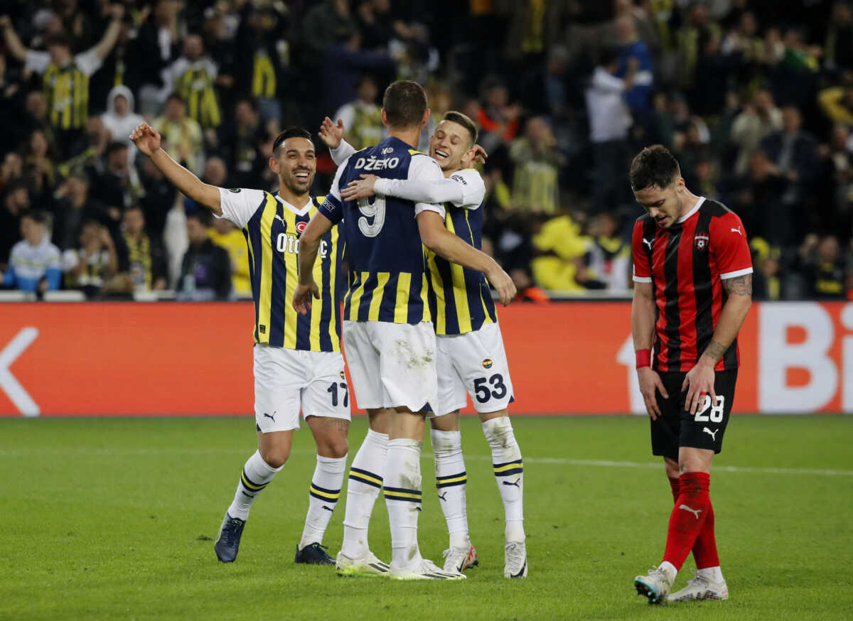 Soccer Football - Europa Conference League - Group H - Fenerbahce v Spartak Trnava - Sukru Saracoglu Stadium, Istanbul, Turkey - December 14, 2023  Fenerbahce's Edin Dzeko celebrates scoring their third goal with Irfan Can Kahveci and Sebastian Szymanski REUTERS