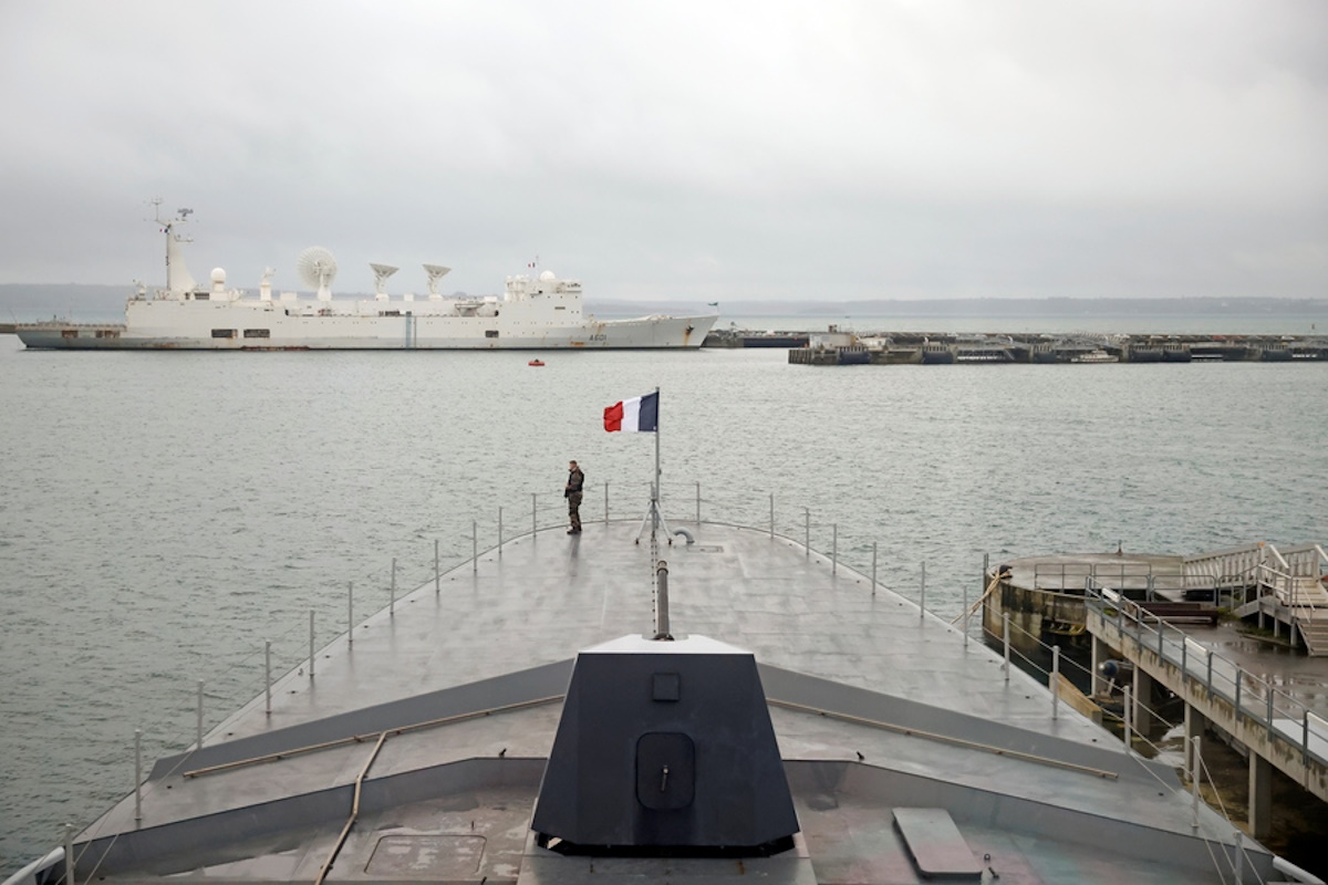 epa08948038 A soldier stands on the deck of the multi purpose frigate Bretagne, before French President Emmanuel Macron's visit to deliver his New Year wishes to the military forces in Brest, France, 19 January 2021.  EPA
