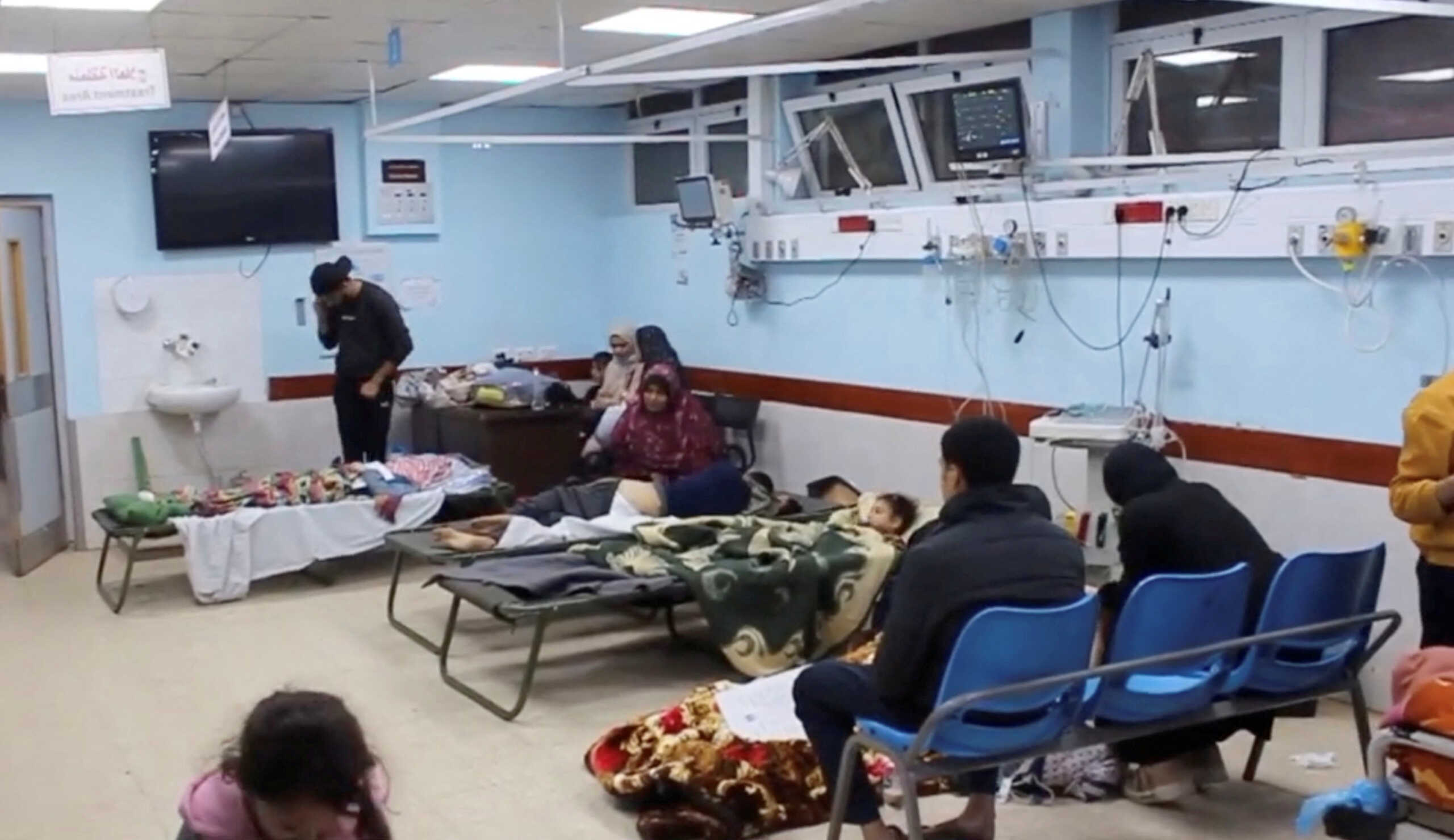 Patients from the Indonesian Hospital arrive at the European Gaza Hospital, in Khan Younis, in this video screengrab obtained by Reuters, November 22, 2023. European Gaza Hospital