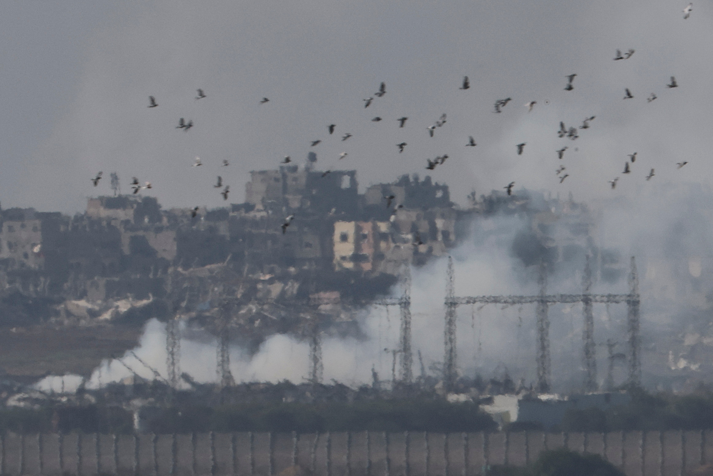 Birds fly as smoke rises over Gaza, amid the ongoing conflict between Israel and the Palestinian Islamist group Hamas, as seen from southern Israel, December 25, 2023. REUTERS