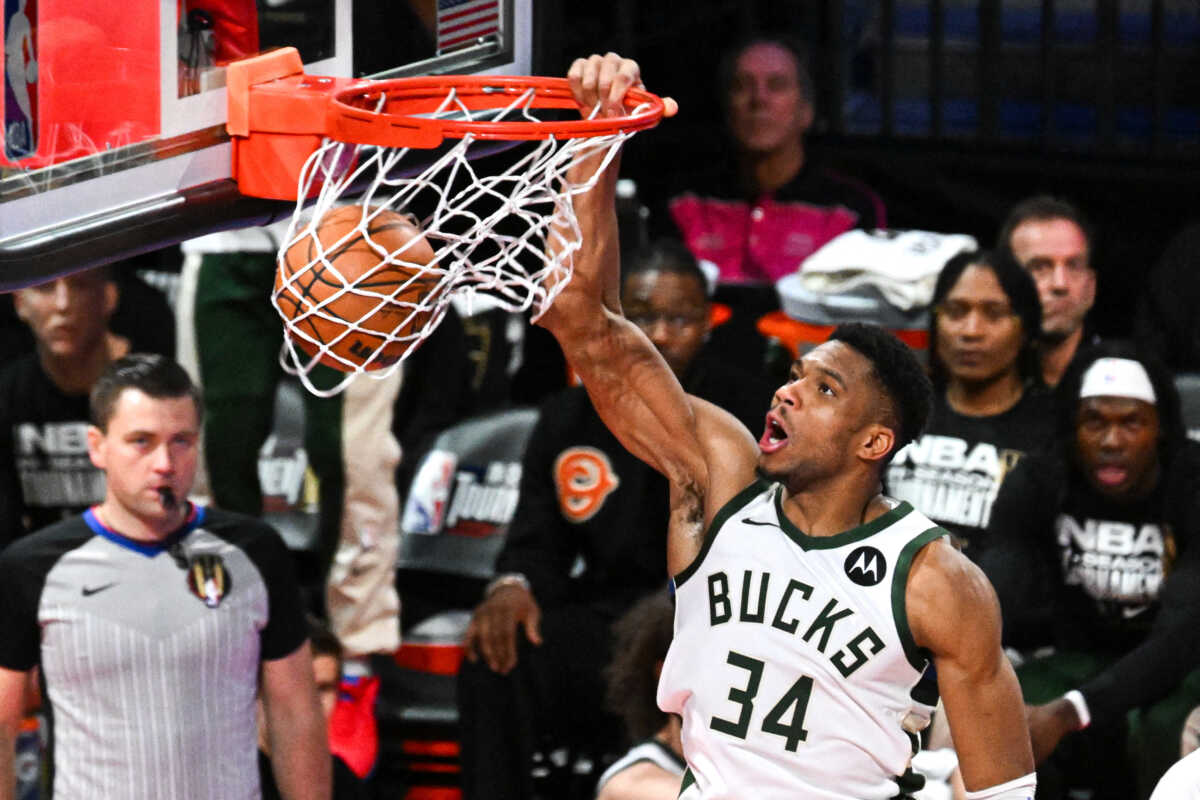Dec 7, 2023; Las Vegas, Nevada, USA; Milwaukee Bucks forward Giannis Antetokounmpo (34) dunks the ball against the Indiana Pacers during the fourth quarter at T-Mobile Arena. Mandatory Credit: Candice Ward-USA TODAY Sports