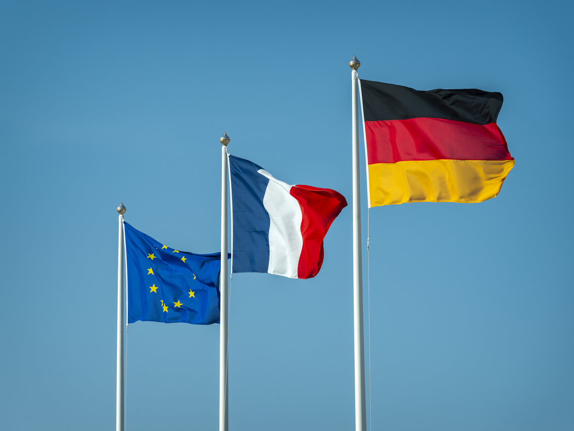 Eu-flag, French flag and German flag fluttering in the wind