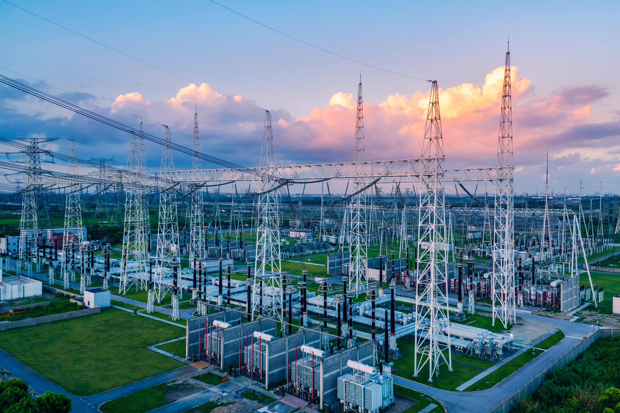 Aerial view of a high voltage substation.Industrial power tower background.