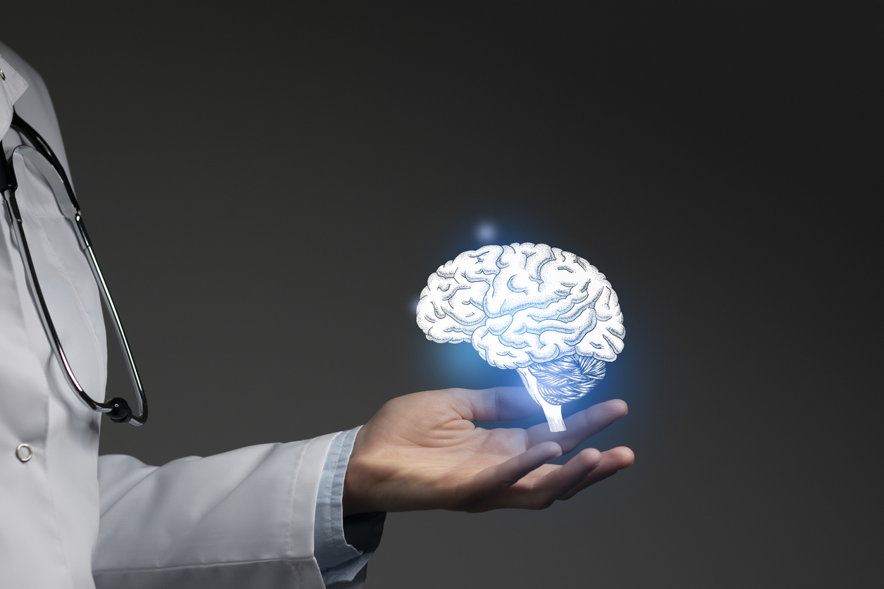 Brain issues medical concept. Photo of female doctor, empty space.