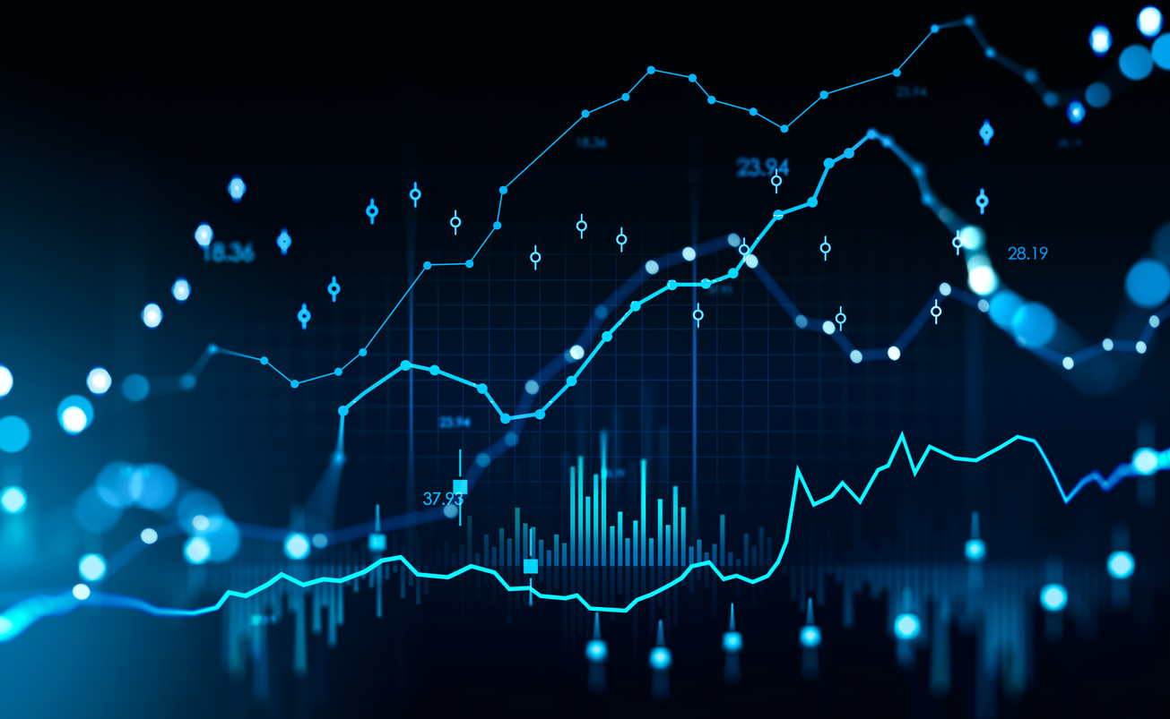 Stock market changes, forex hologram with numbers and bar chart with candlesticks. Concept of economy and online trading. 3D rendering