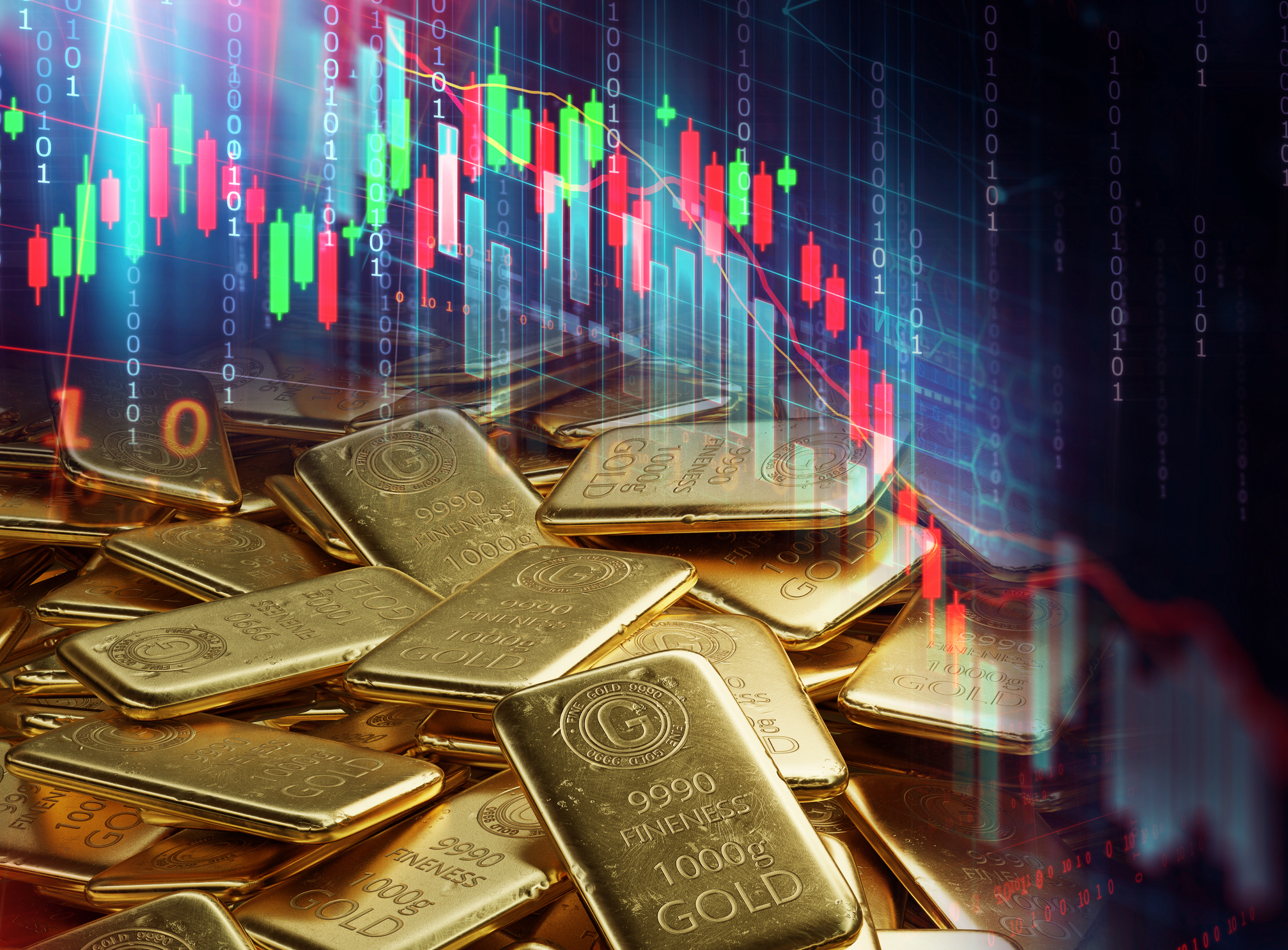 stack of  shiny gold bars on down trend financial gold price graph ,concept of economy crash and financial crisis, 3d illustration