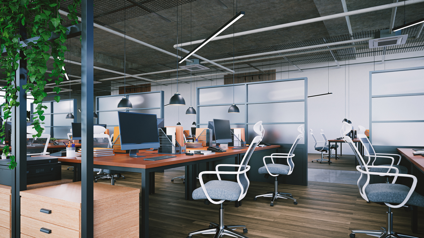 Large office interior with plants and open ceiling, 3d rendering
