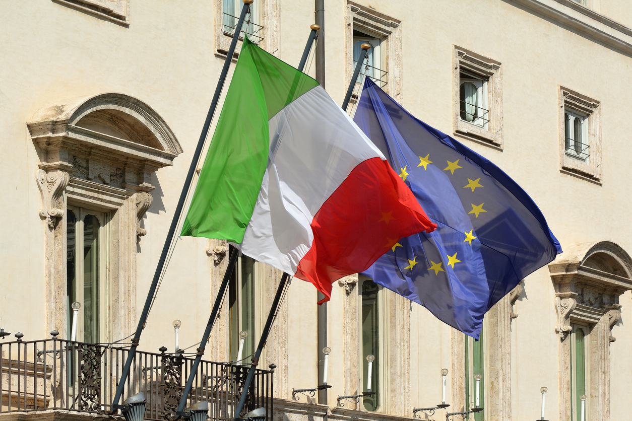 Flags at the Palazzo Chigi at the Piazza Colonna in Rome. Residence of the Italian Prime Minister - Italy.