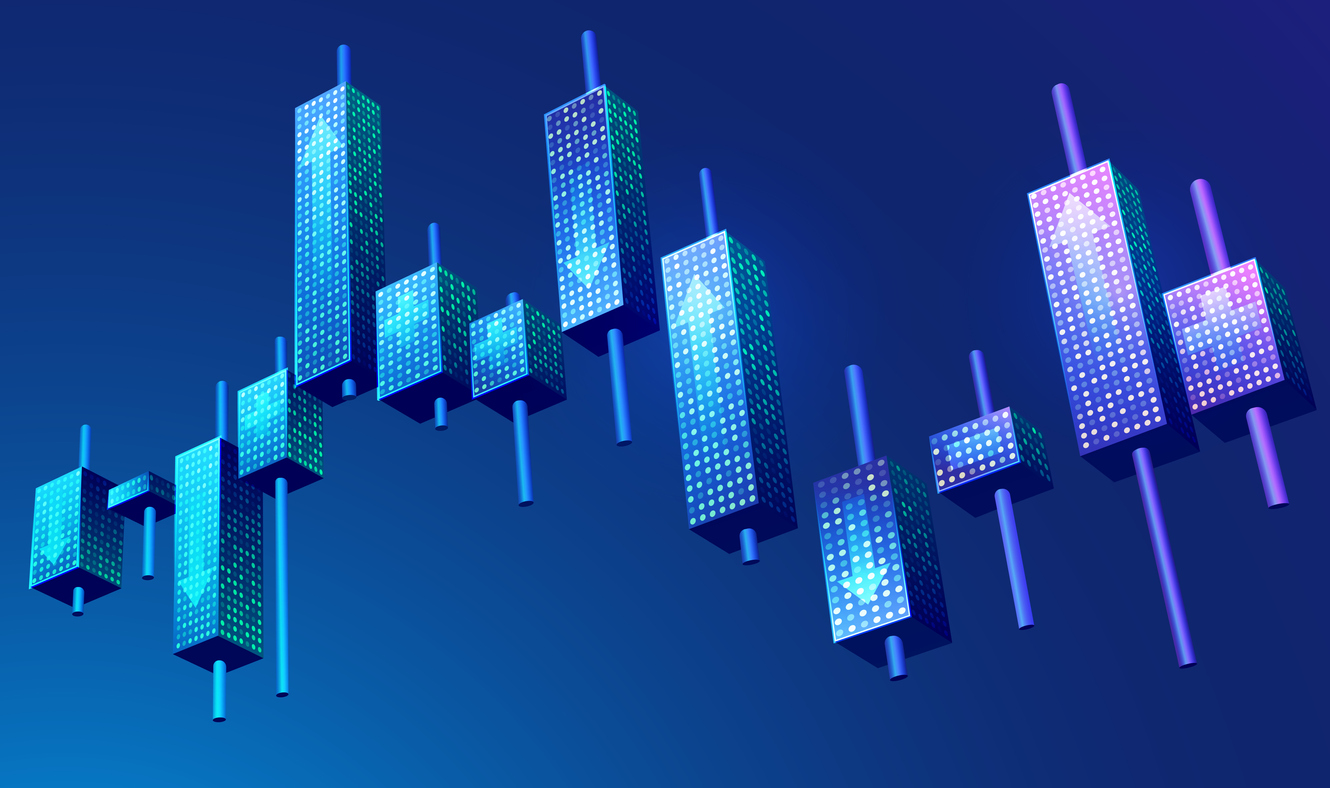 graphic of  3D candlestick in stock market presented in futuristic style