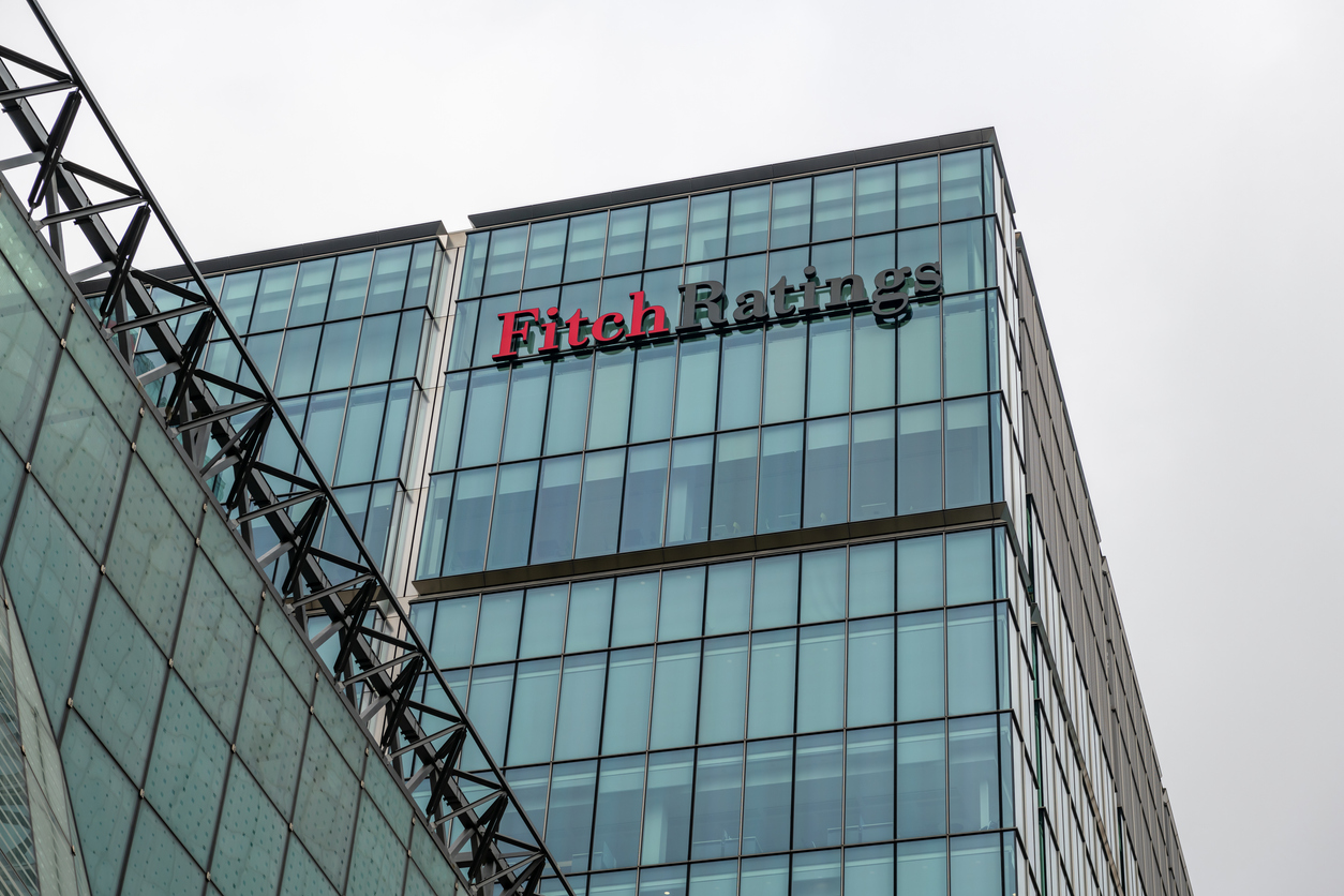 London. UK-03.30.2022. The offices and signage of the American rating agency Fitch Ratings in Canary Wharf.