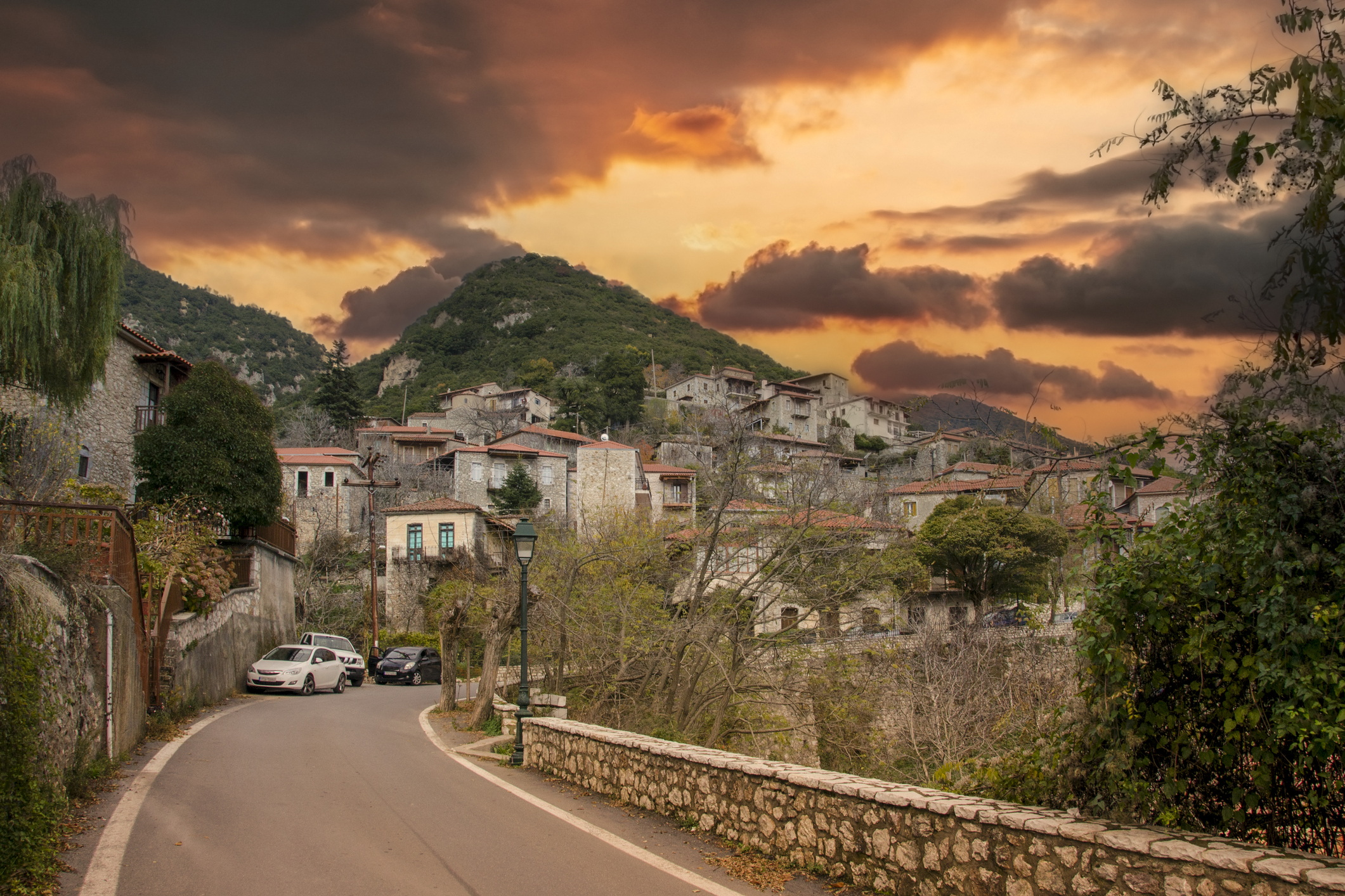 Stemnitsa village in a winter sunset. Menalon mountain ,Peloponnisos. Greece